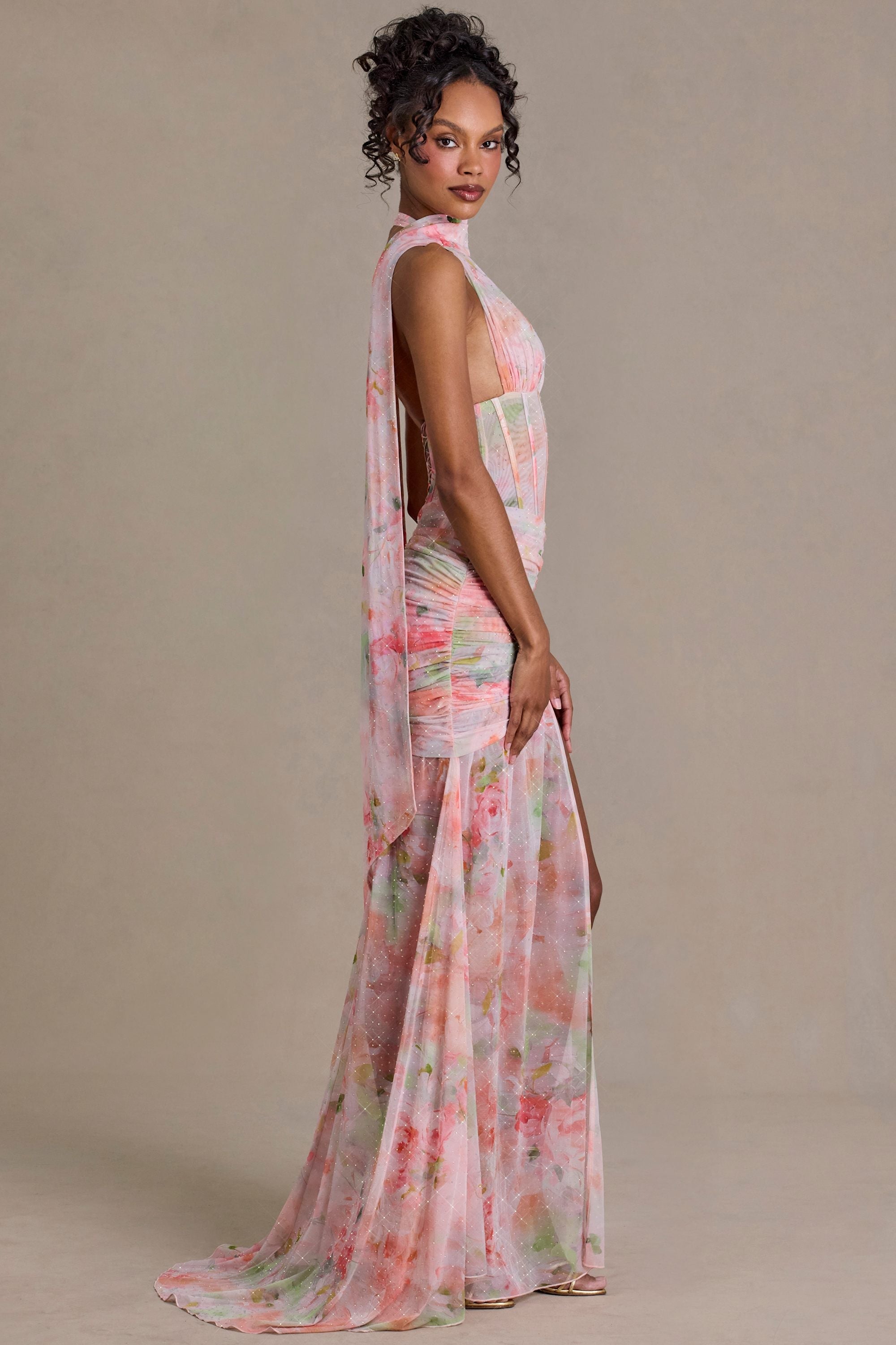 Embellished Scarf-Detail Maxi Dress in Pink Floral Print