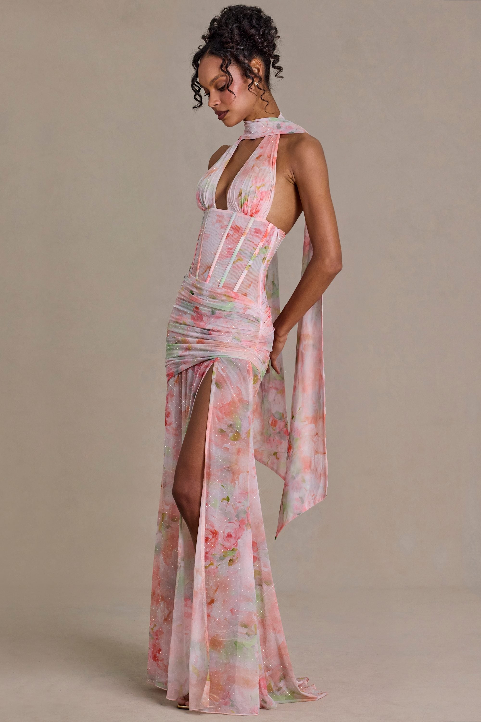 Embellished Scarf-Detail Maxi Dress in Pink Floral Print