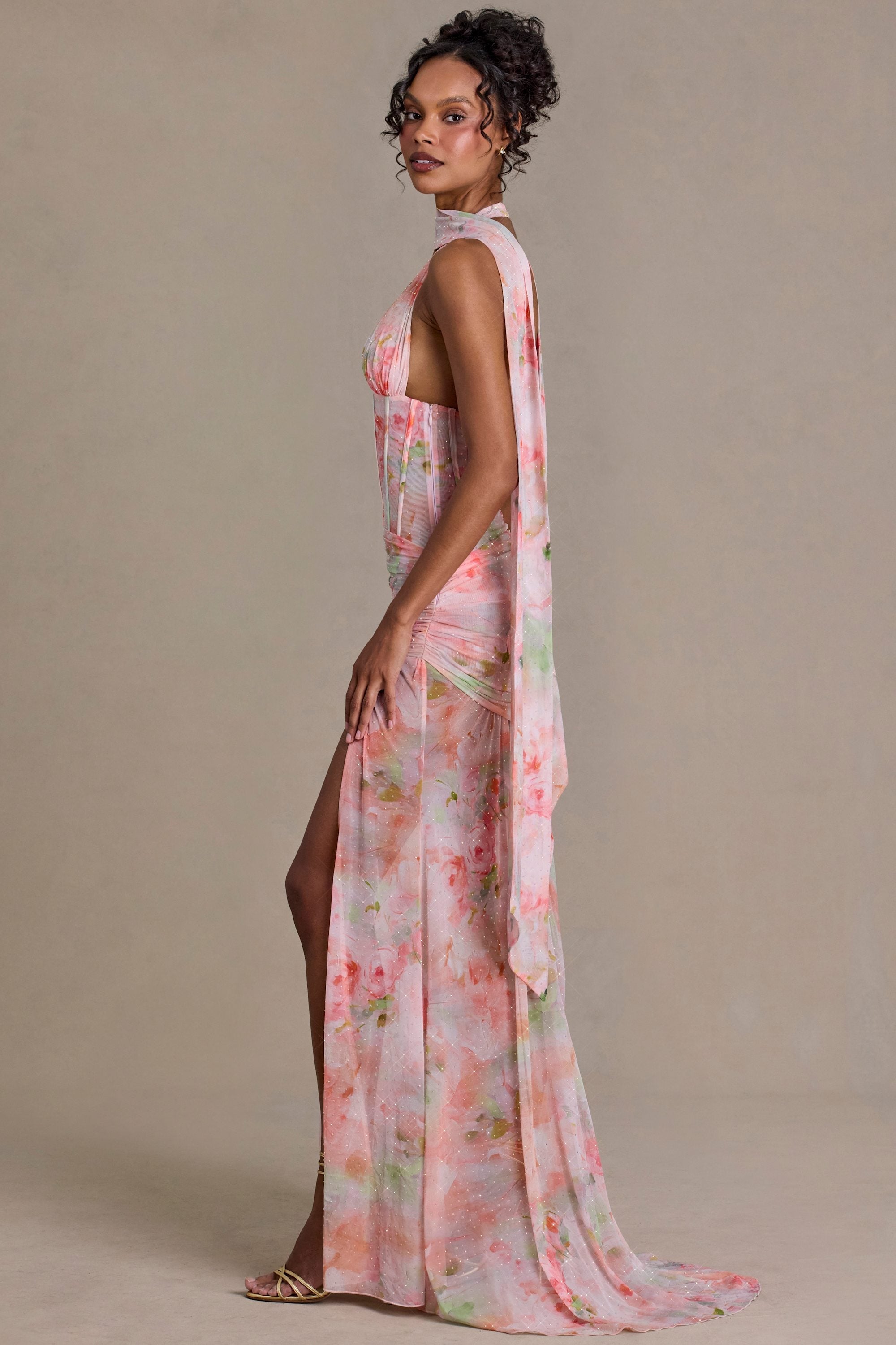 Embellished Scarf-Detail Maxi Dress in Pink Floral Print