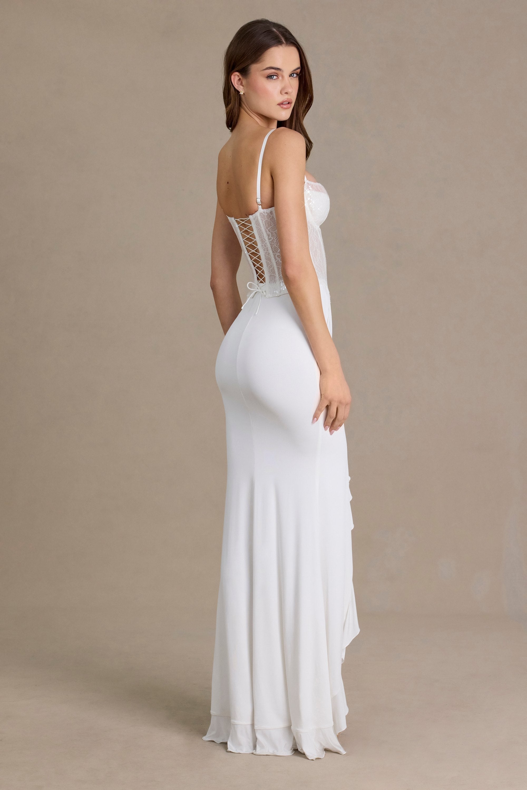 Embellished Lace Corset Gown in Snow