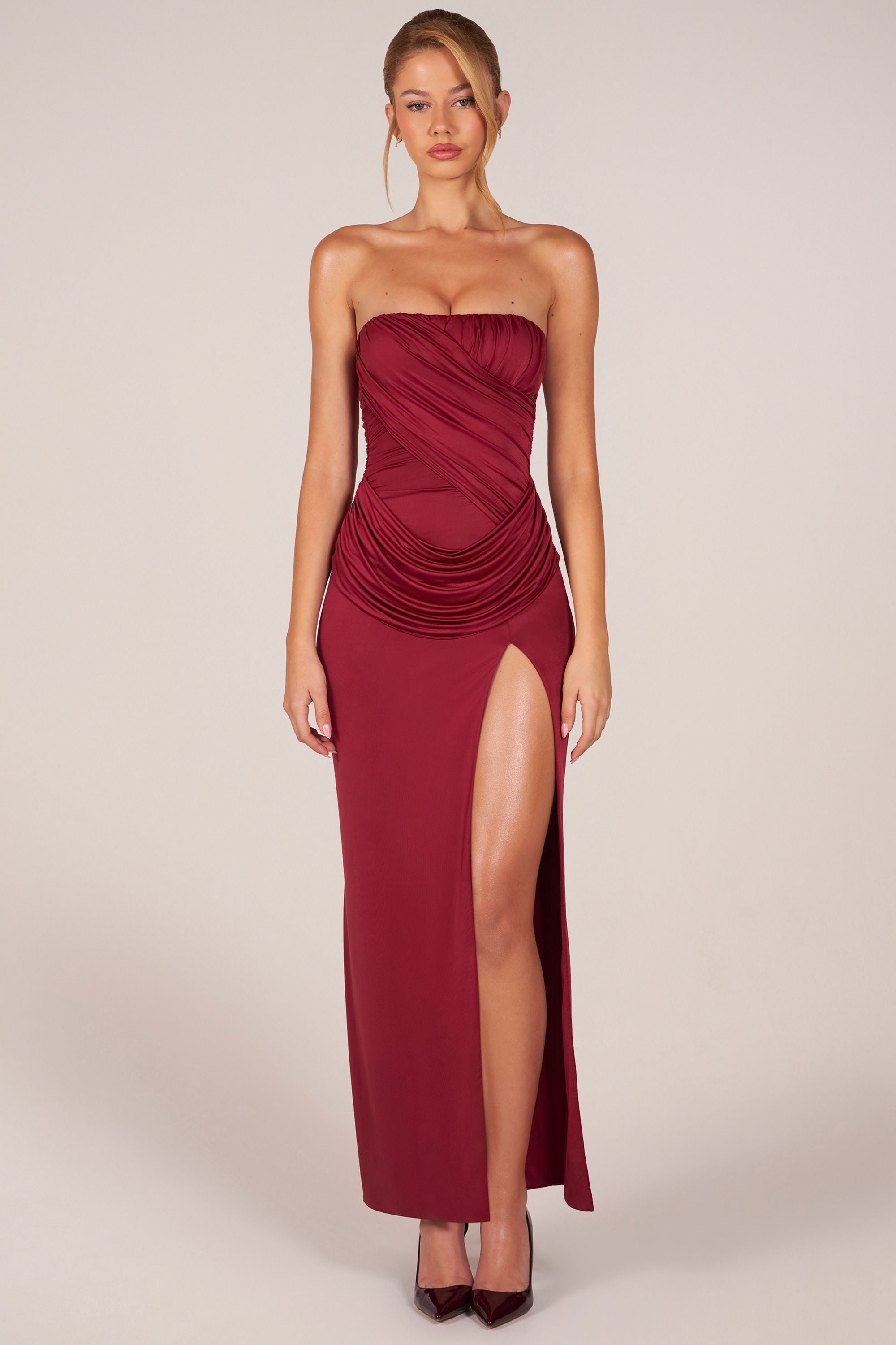 Bandeau Draped Thigh-High Maxi Dress in Wine