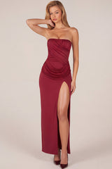 Bandeau Draped Thigh-High Maxi Dress in Wine