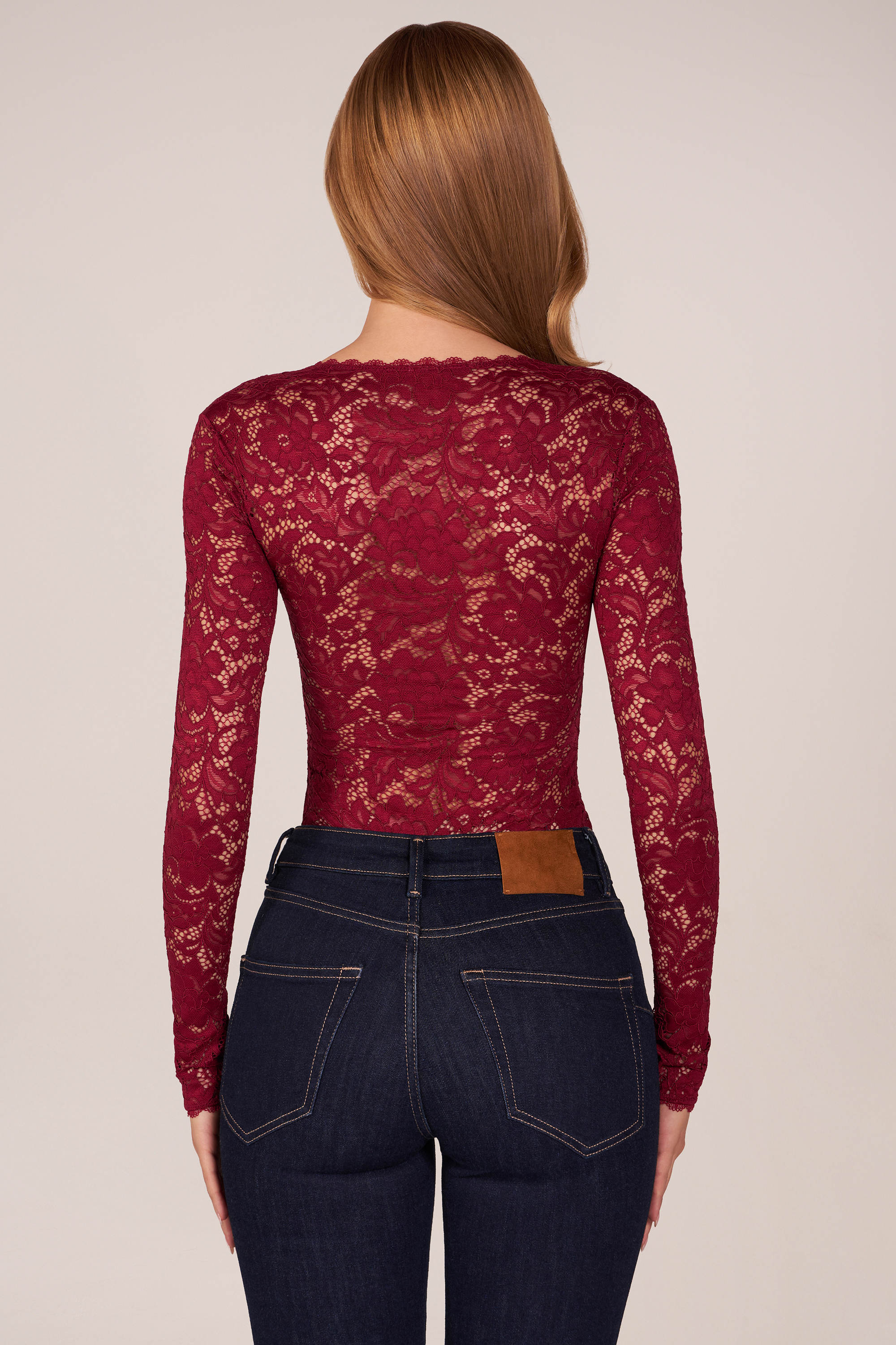 Long-Sleeve Laced Bodysuit in Wine