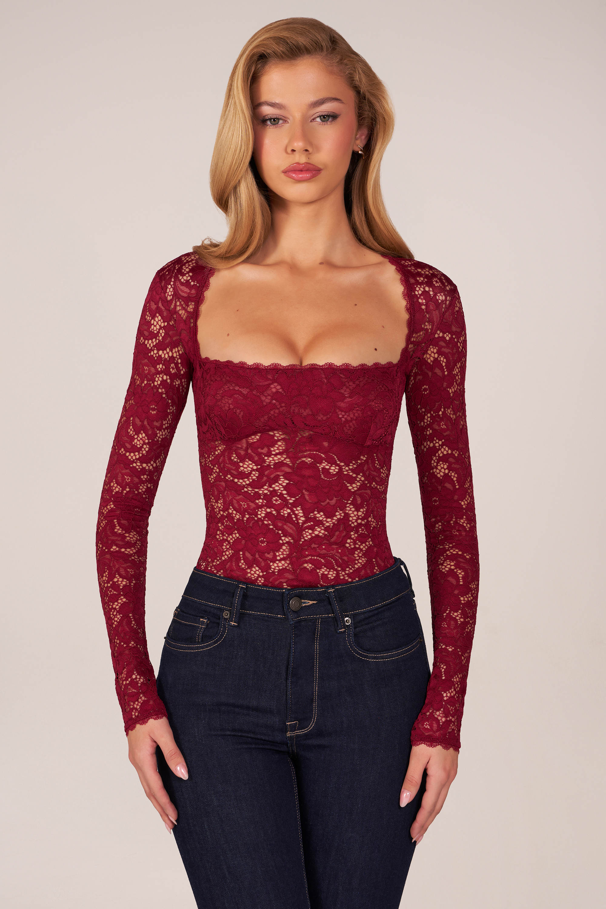 Long-Sleeve Laced Bodysuit in Wine