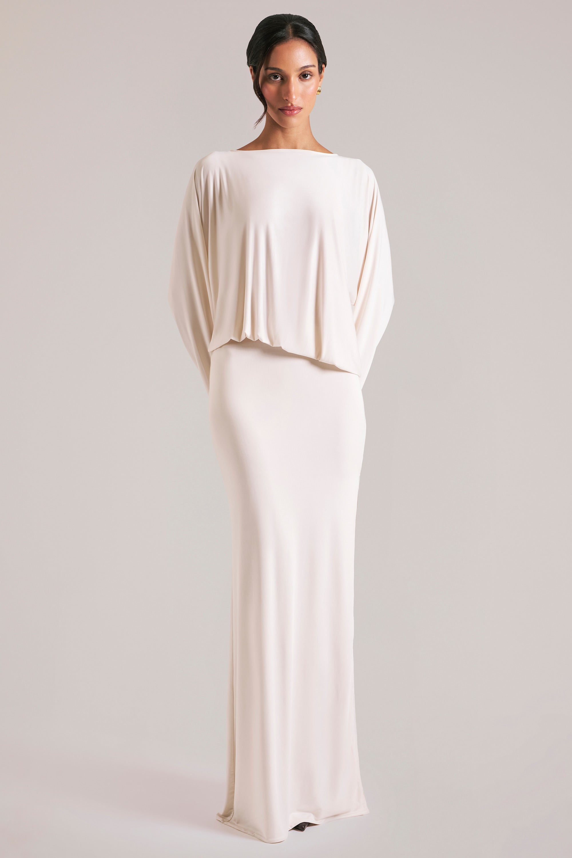 Long-Sleeve Draped Maxi Dress in Vanilla