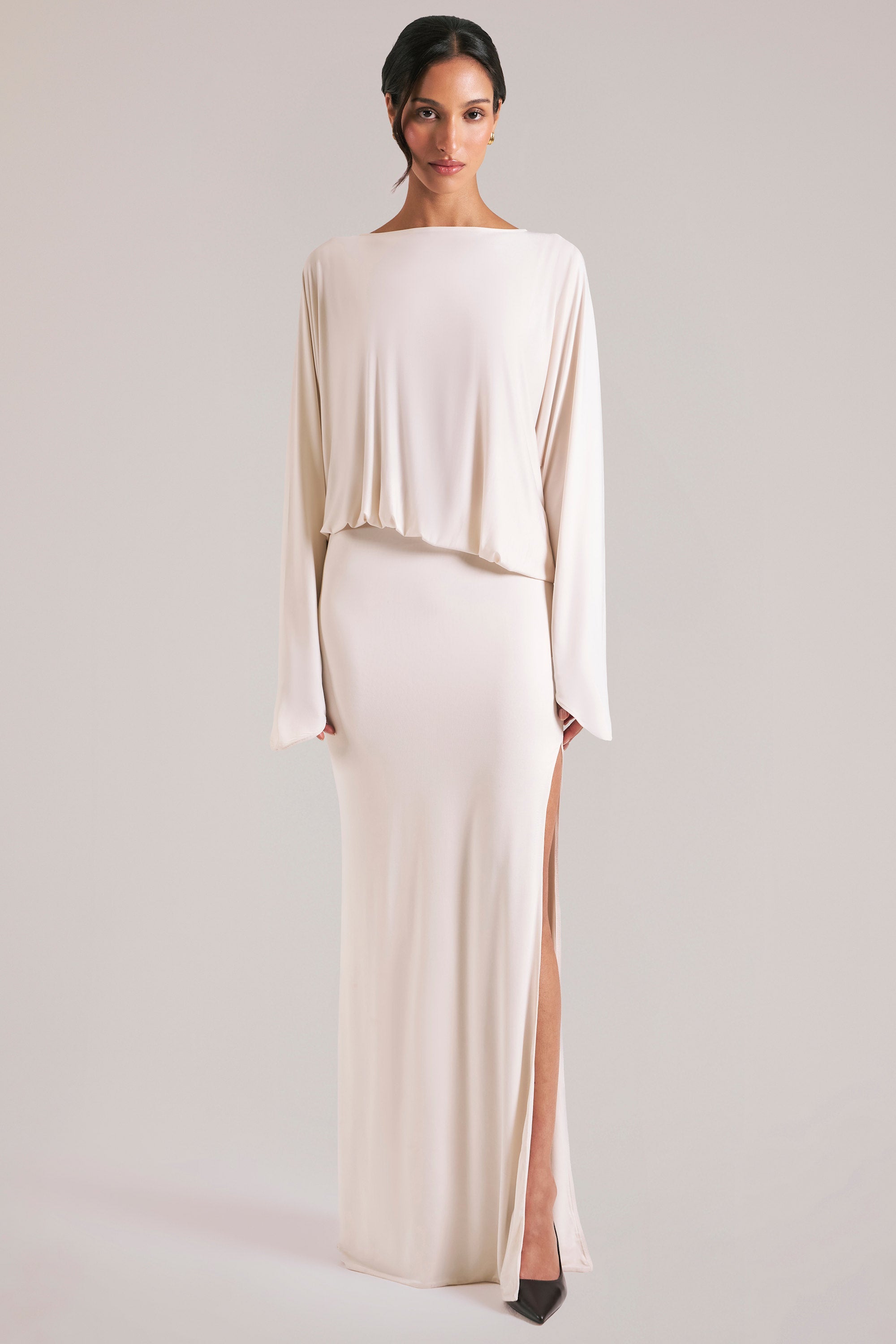 Long-Sleeve Draped Maxi Dress in Vanilla