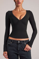 V-Neck Long-Sleeve Top  in Black