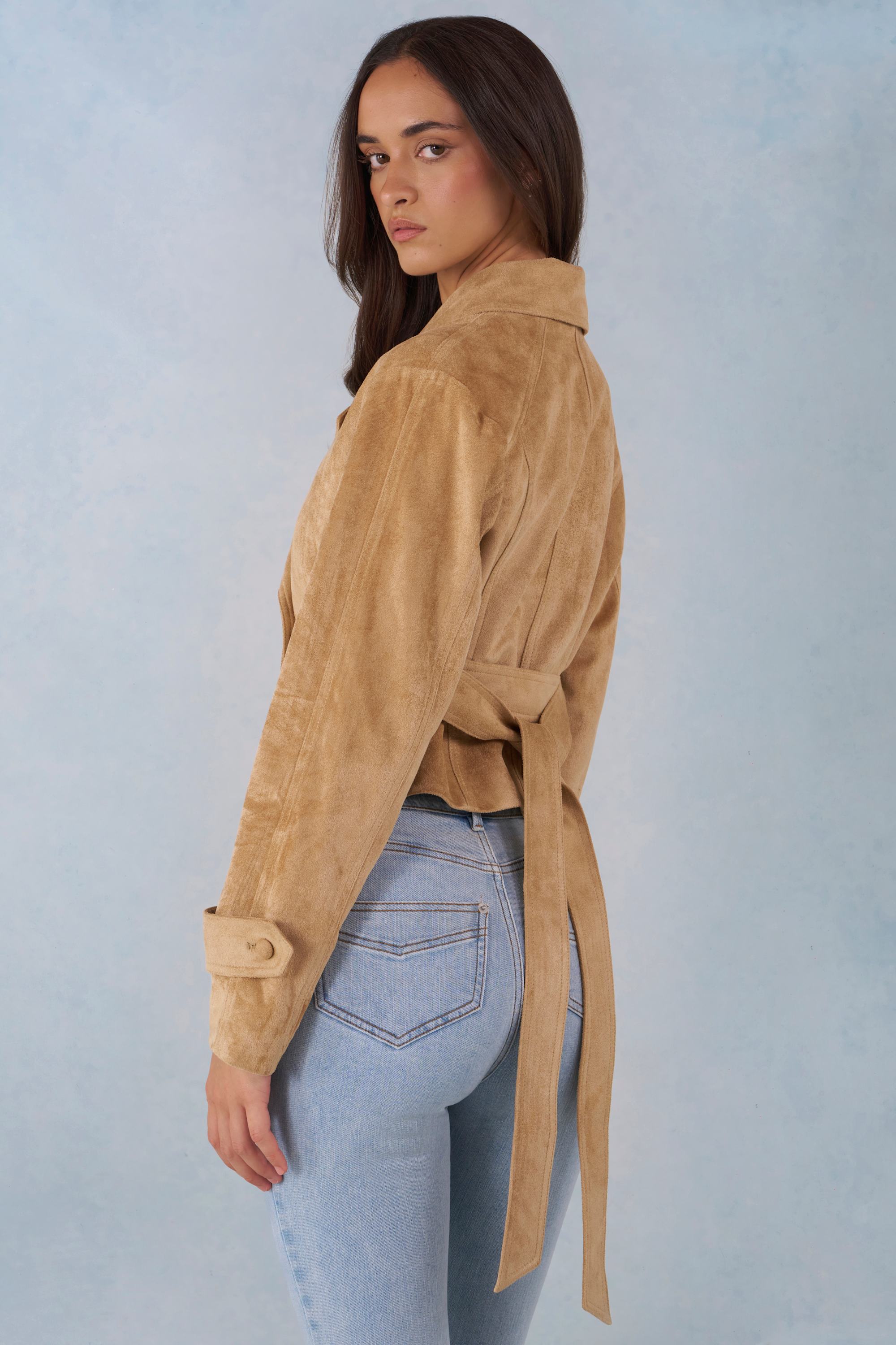 Faux Suede Cropped Belted Jacket in Tan