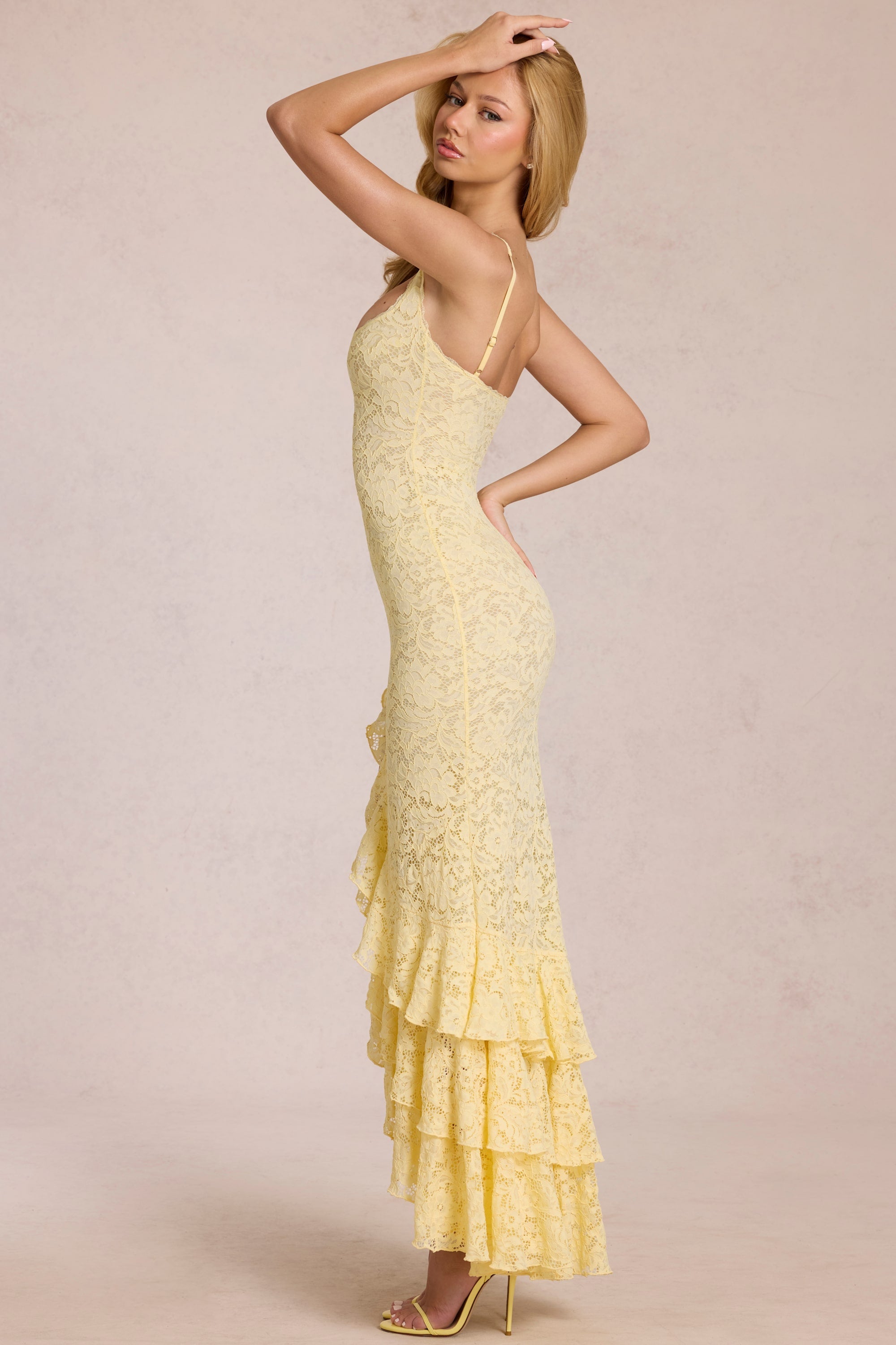 Lace Ruffle Maxi Dress in Lemon Yellow