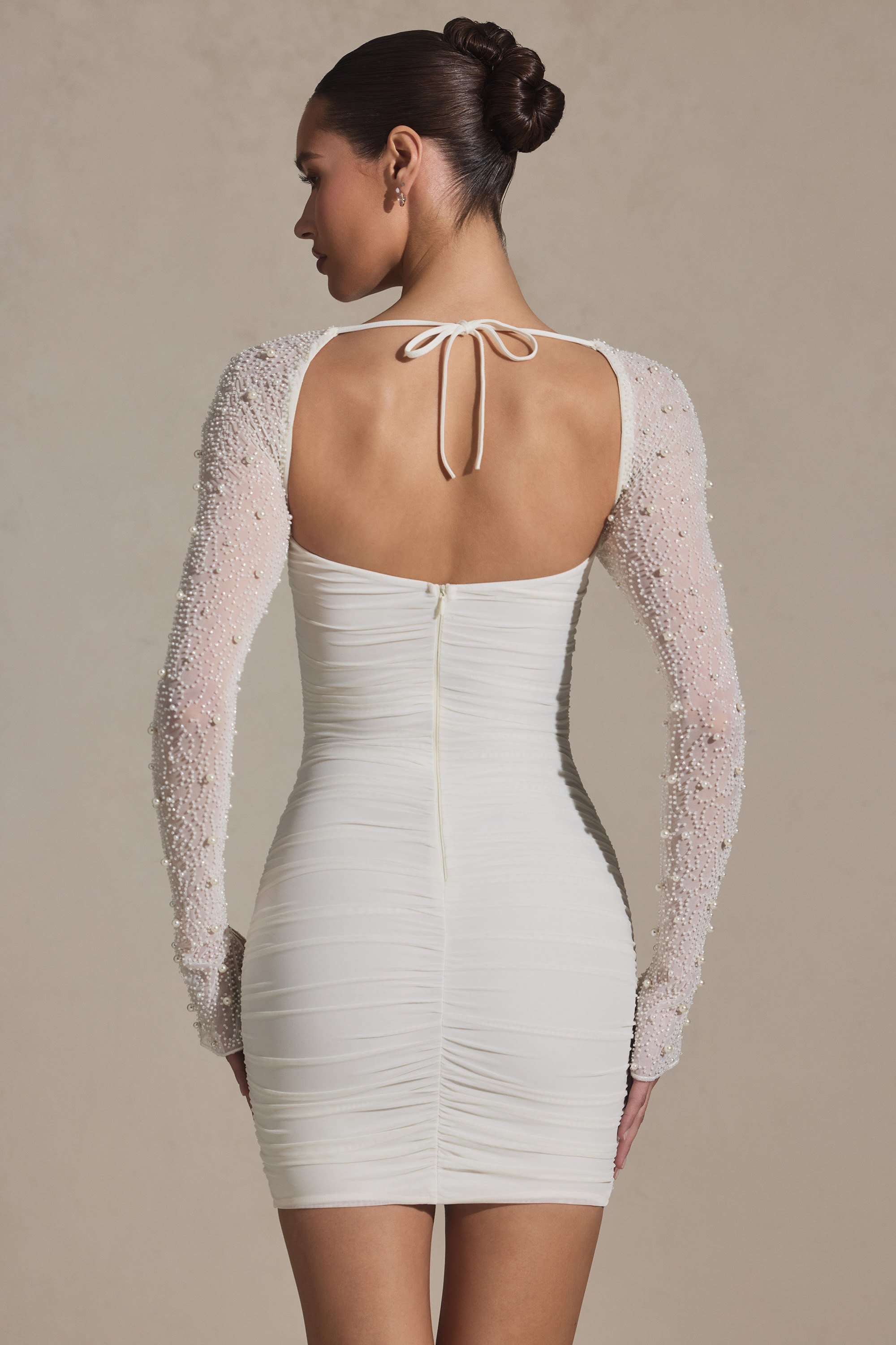 Embellished Long-Sleeve Mini Dress in Snow