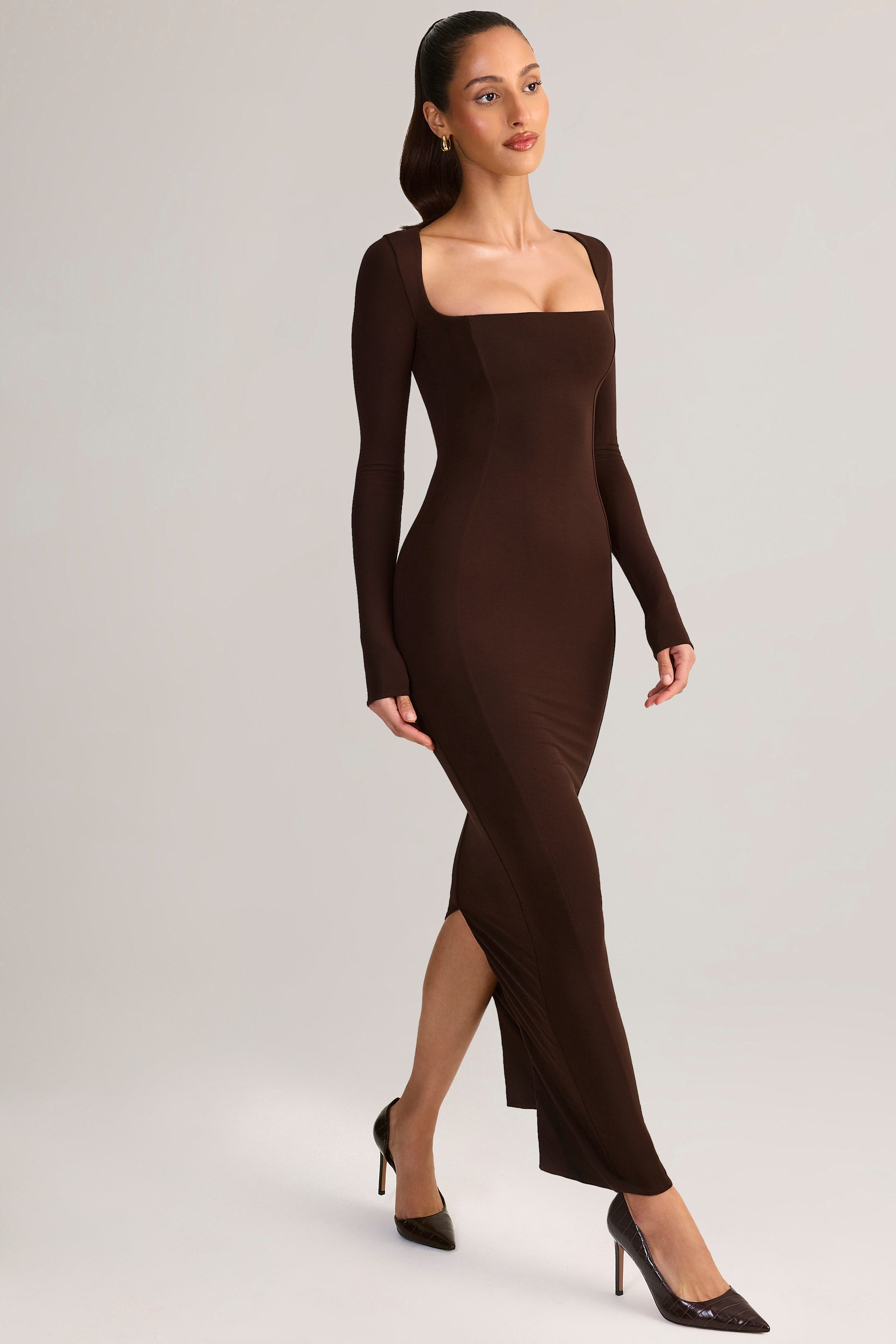 Modal Square-Neck Bodycon Maxi Dress in Chocolate Brown