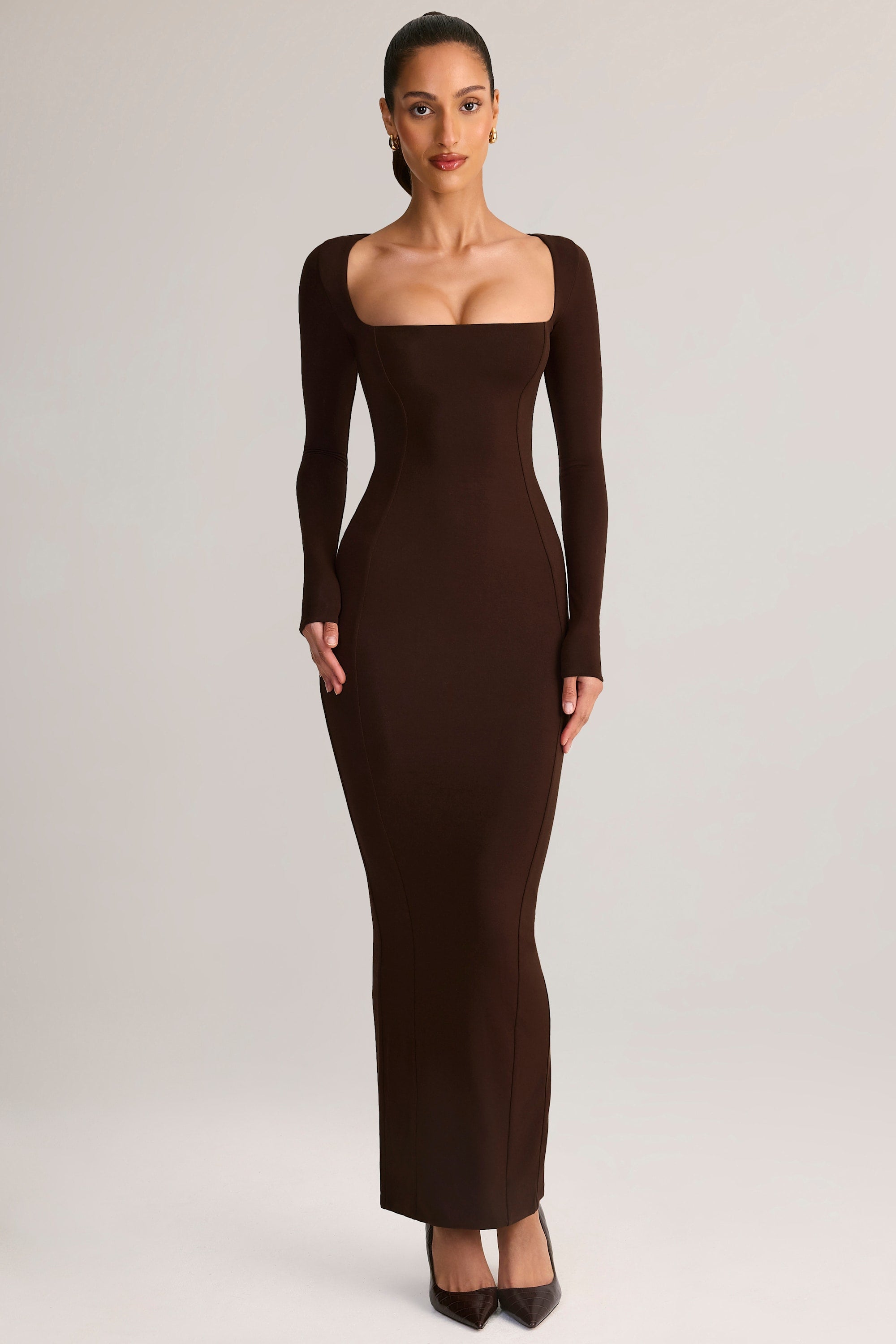 Modal Square-Neck Bodycon Maxi Dress in Chocolate Brown