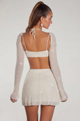 Embellished Long Sleeve Crop Top in Ivory