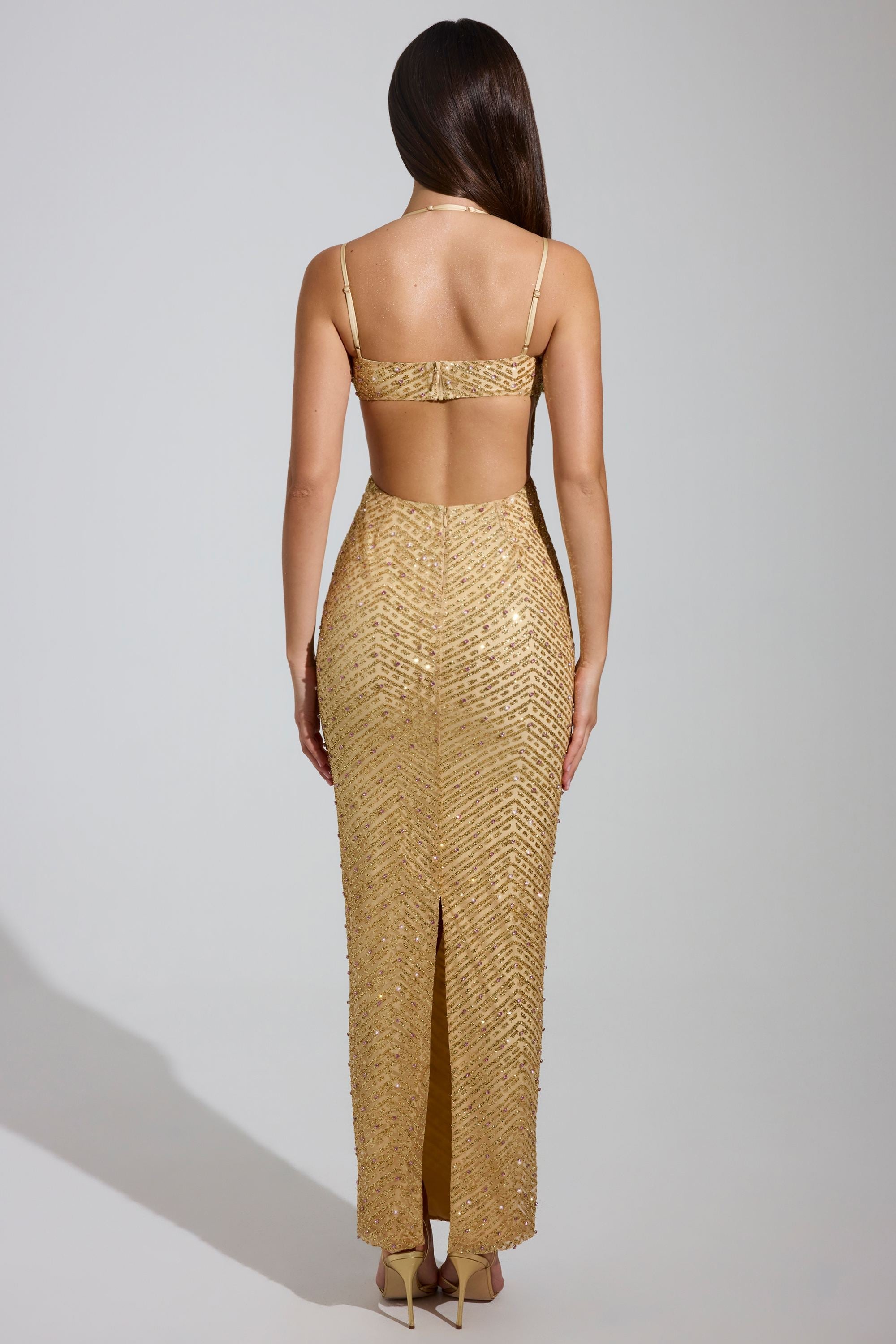 Embellished Cowl-Neck Maxi Dress in Gold