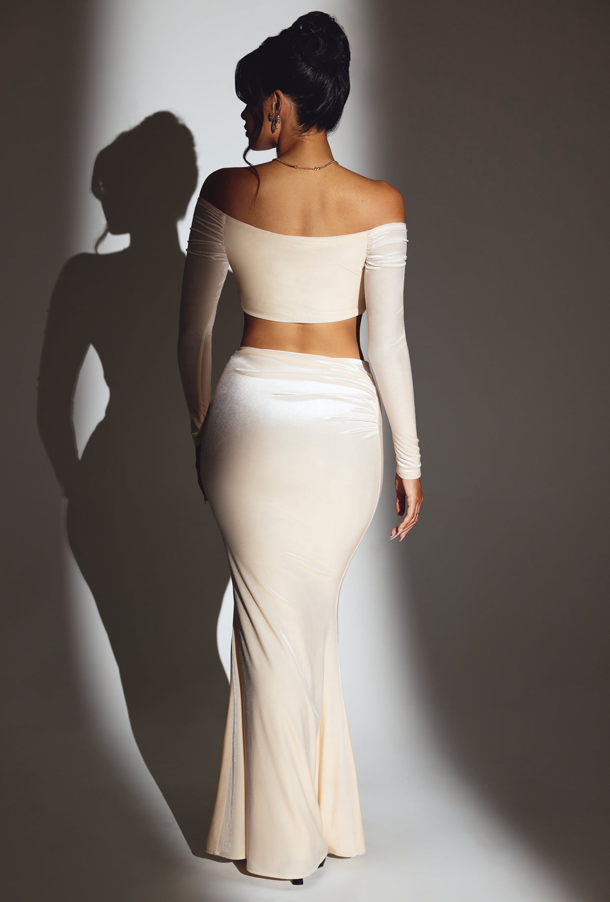 Velvet Off-Shoulder Ruched Crop Top in Ivory