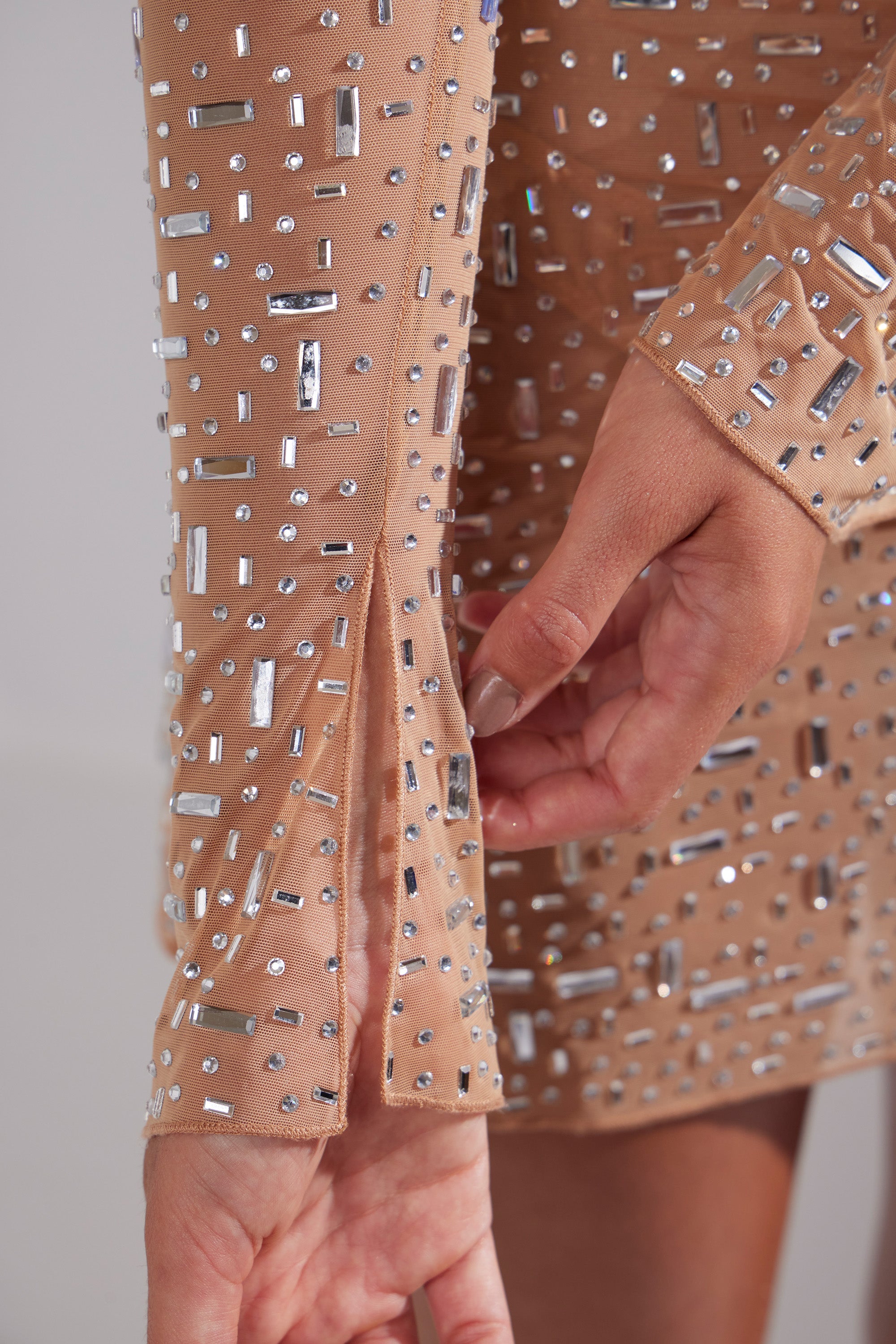 Sheer Embellished Long Sleeve A-Line Mini Dress in Honey