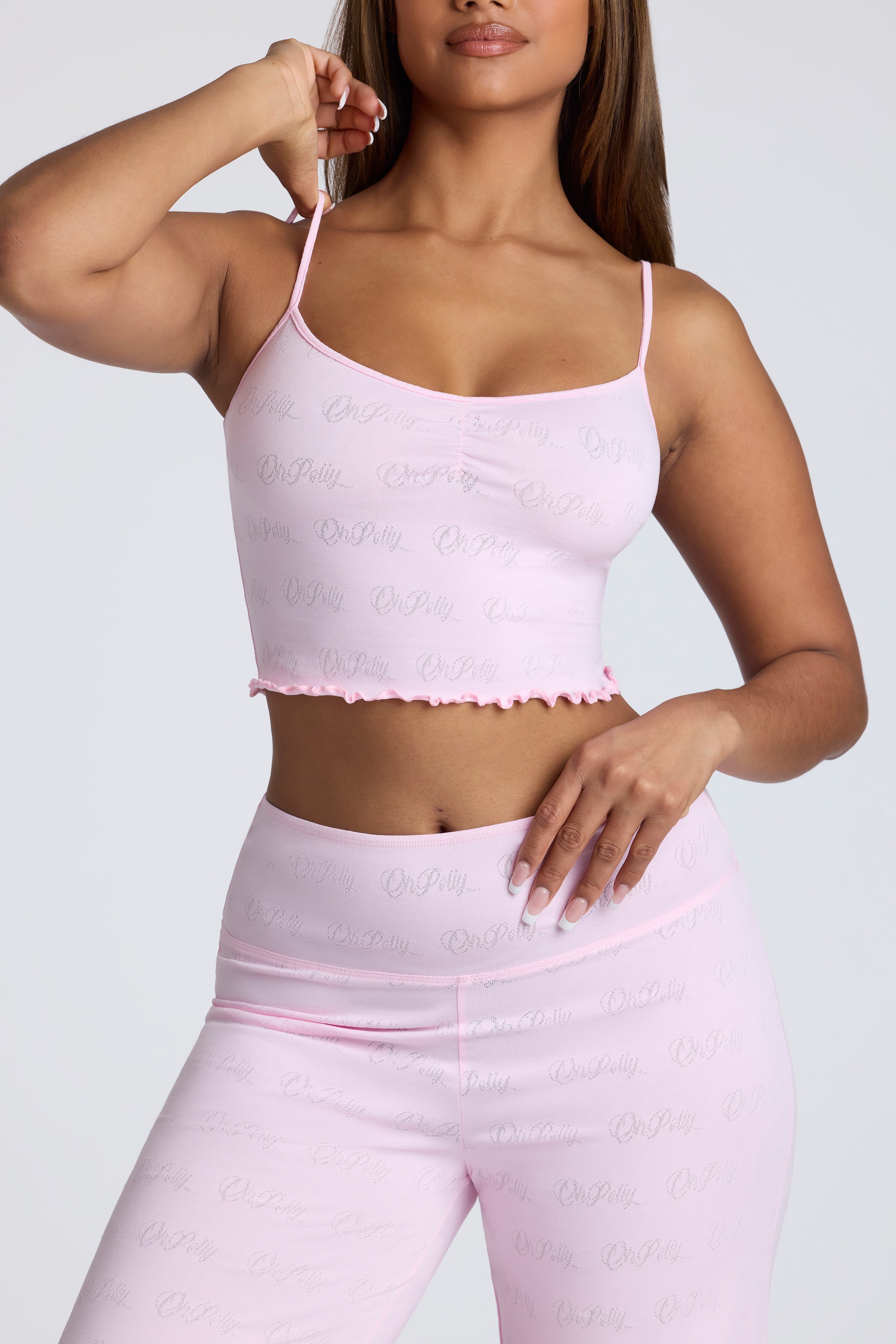 Strappy Ruched Pointelle Crop Top in Pink Lemonade