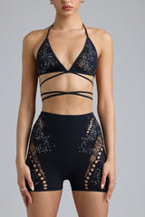Embellished Cross-Strap Bikini Top in Black