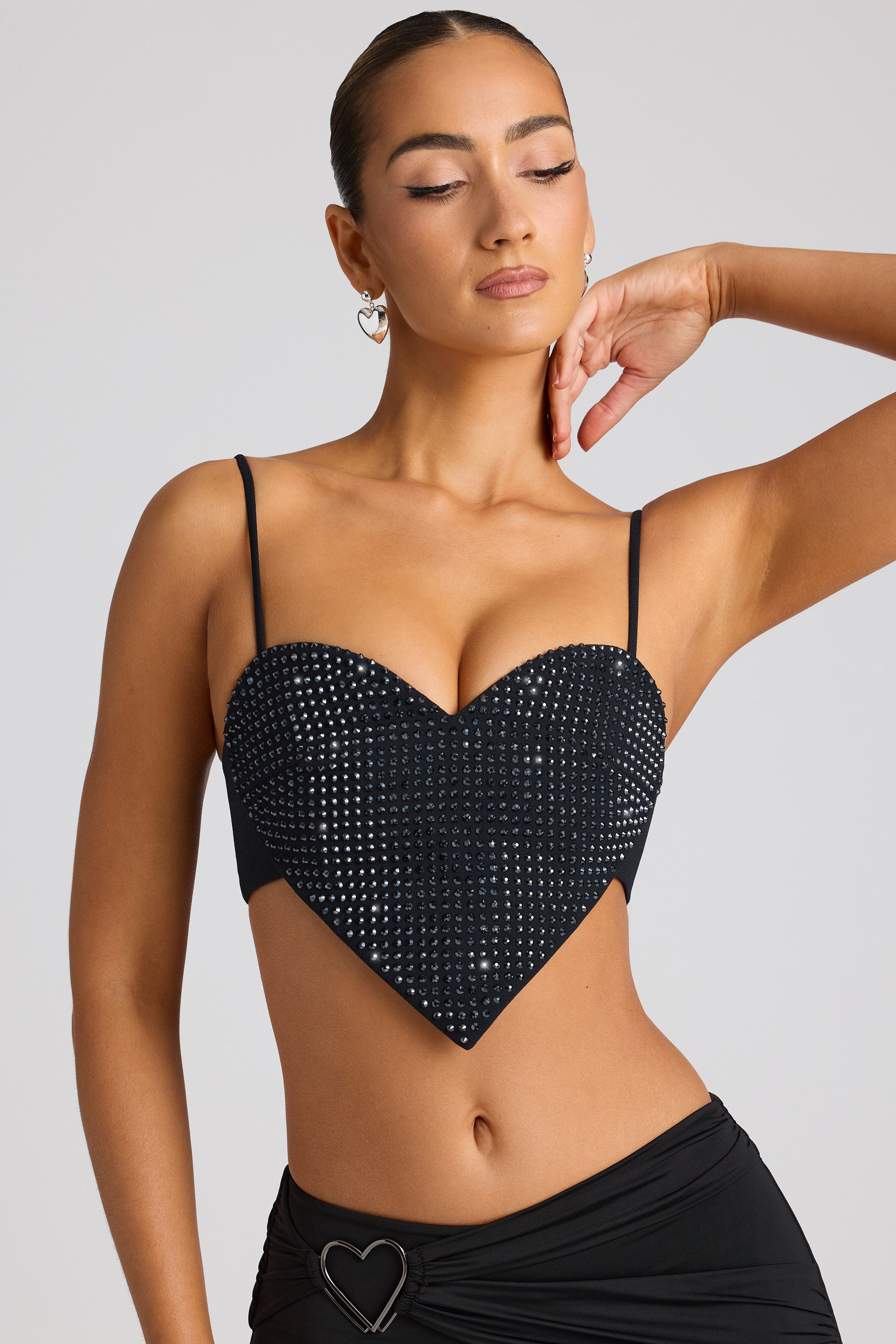 Embellished Statement Heart Shaped Crop Top in Black