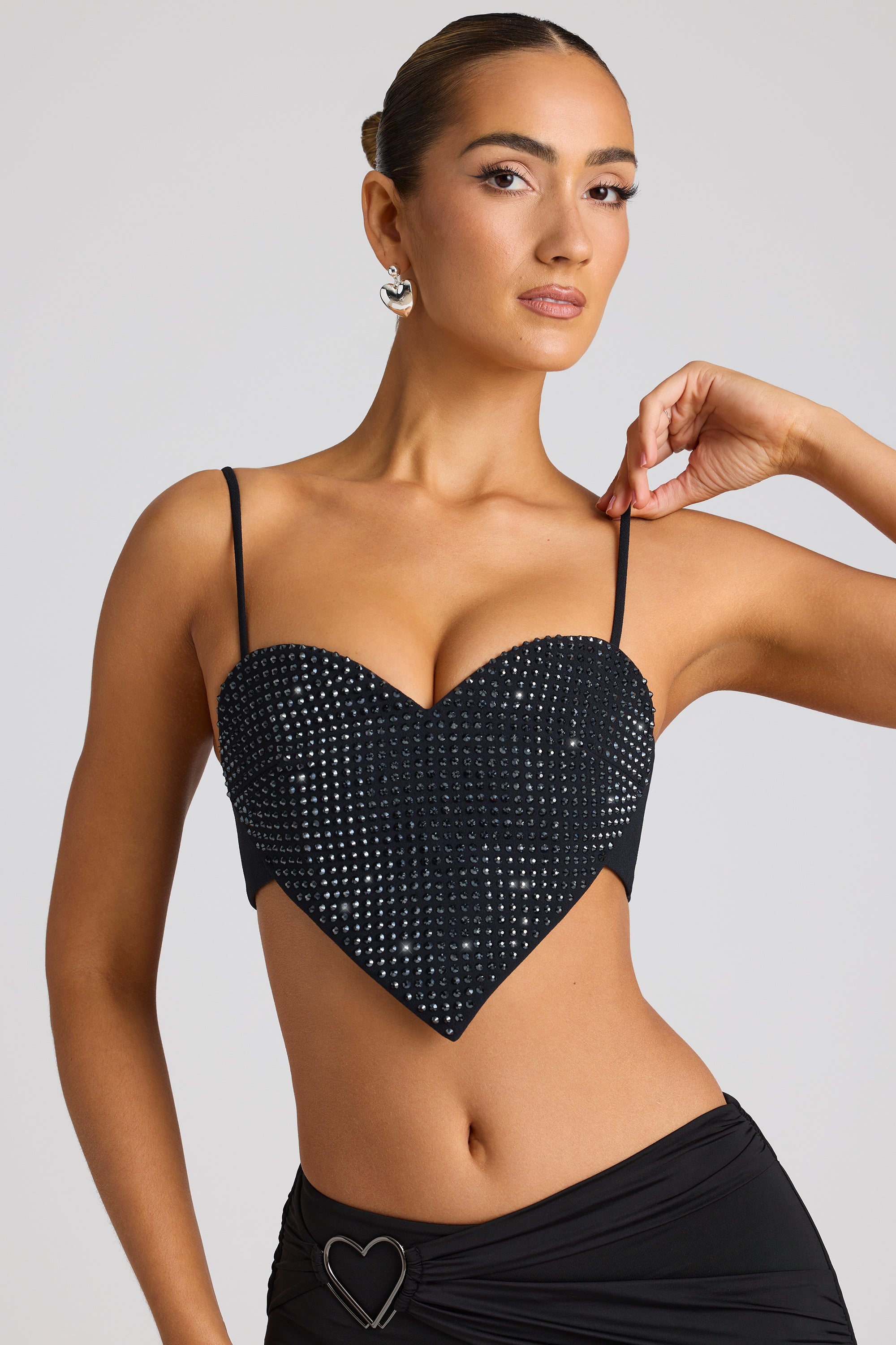 Embellished Statement Heart Shaped Crop Top in Black