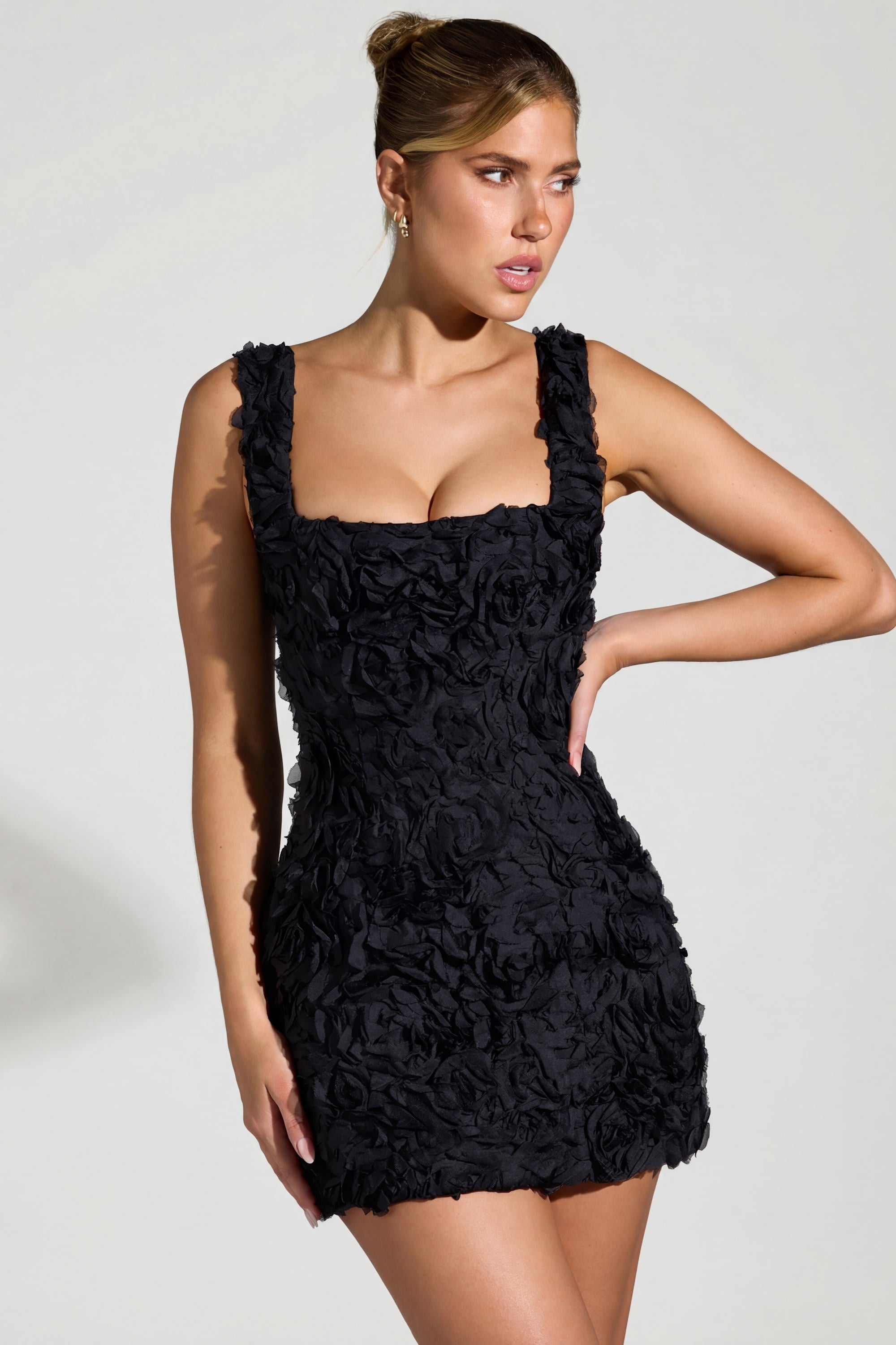 Floral-Appliqué Square-Neck Corset Mini Dress in Black