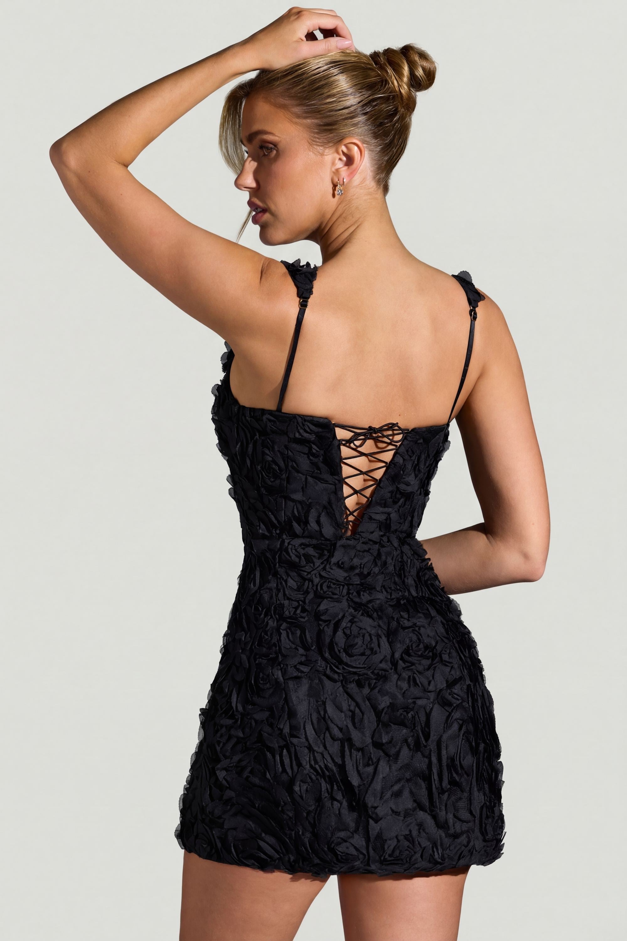Floral-Appliqué Square-Neck Corset Mini Dress in Black