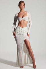 Embellished Long-Sleeve Crop Top in White