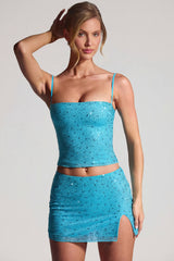 Embellished Mid-Rise Micro Mini Skirt in Aqua Blue
