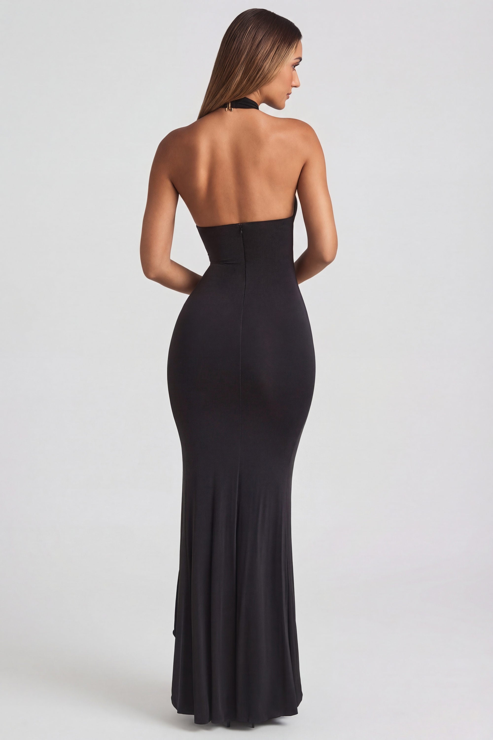 Ruffle-Trim Halterneck Gown in Black