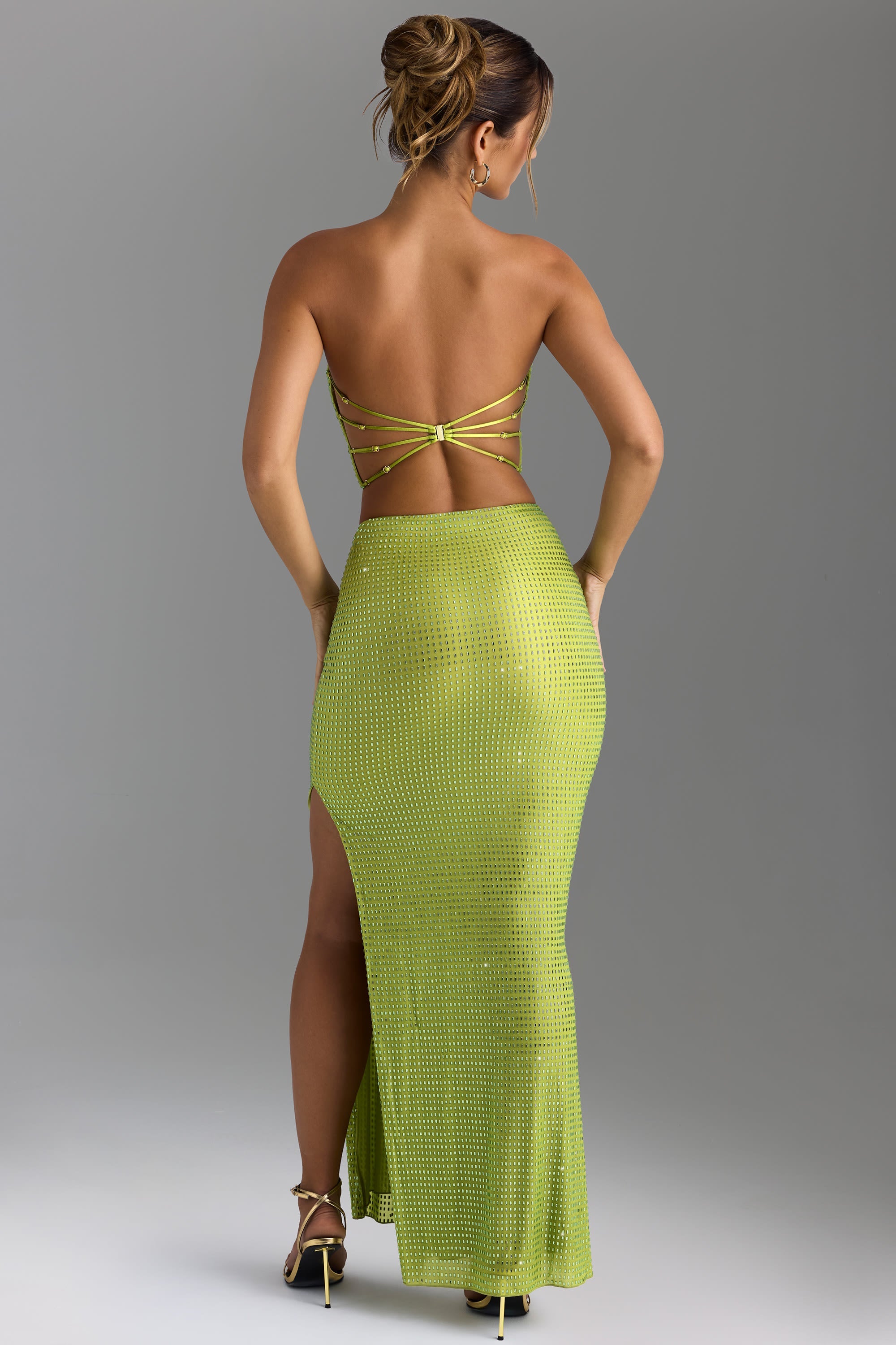 Embellished V-Waist Thigh-Split Maxi Skirt in Pear Green