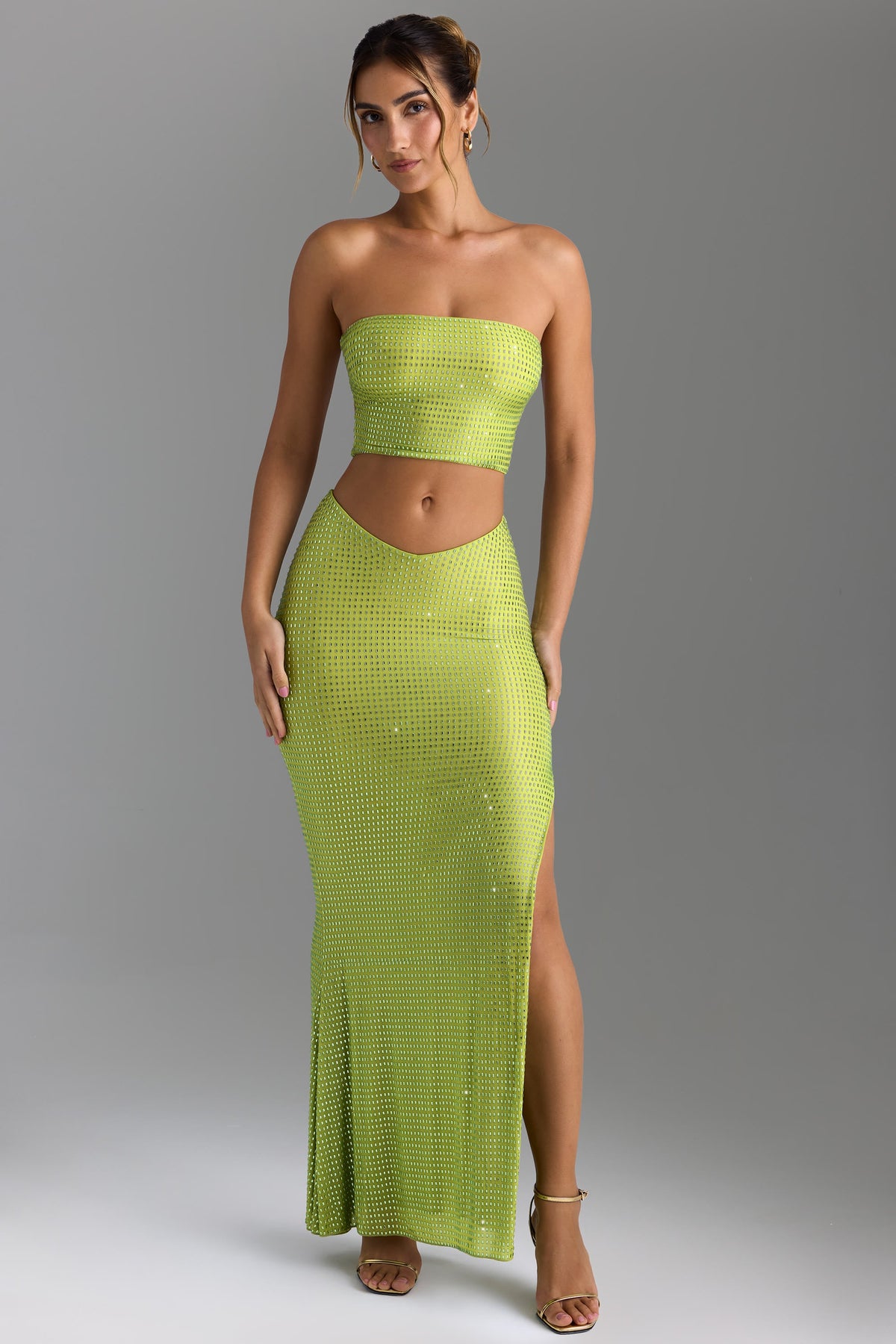Embellished V-Waist Thigh-Split Maxi Skirt in Pear Green