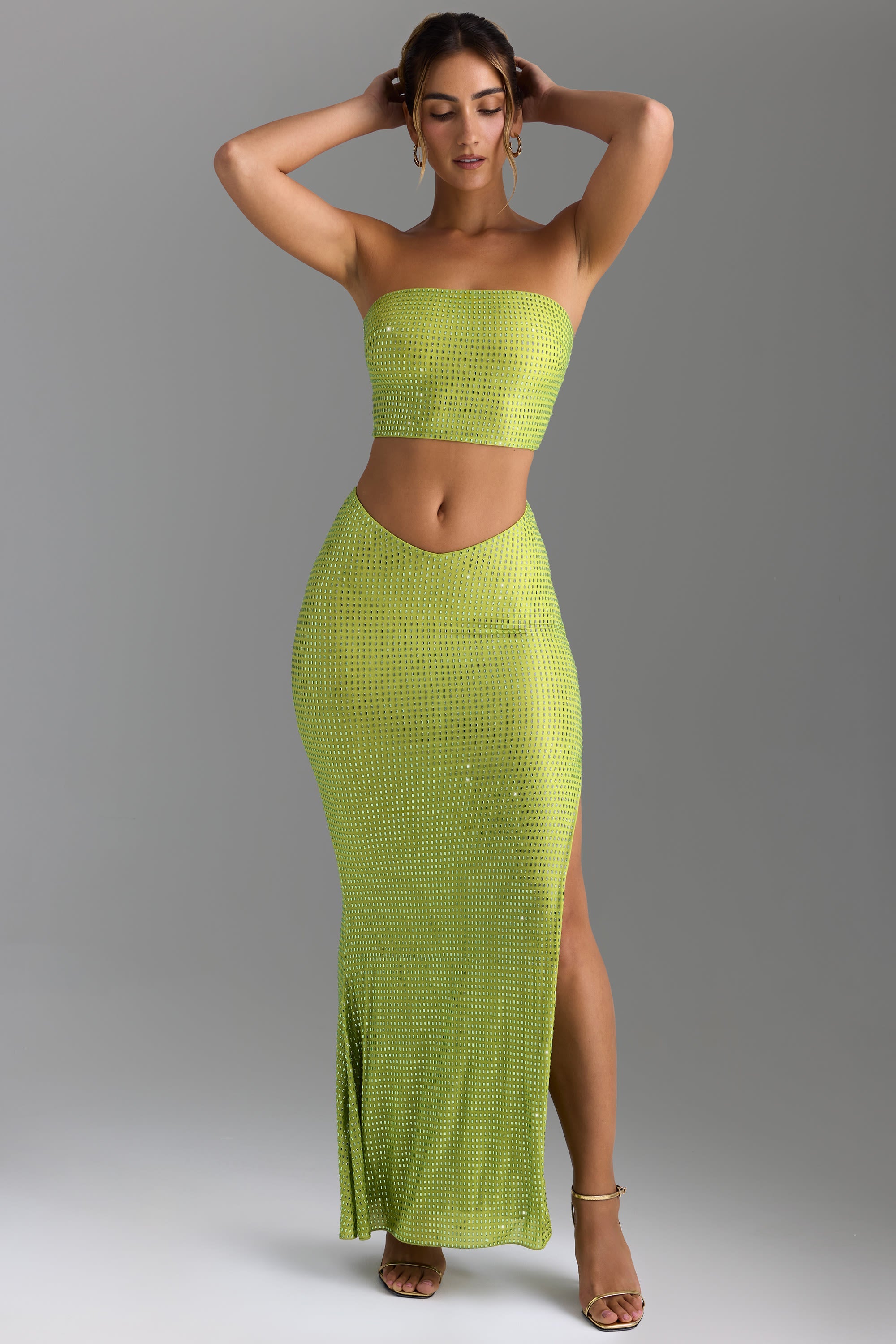 Embellished V-Waist Thigh-Split Maxi Skirt in Pear Green