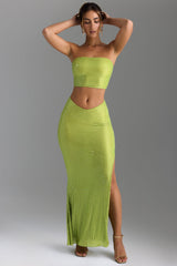 Embellished V-Waist Thigh-Split Maxi Skirt in Pear Green