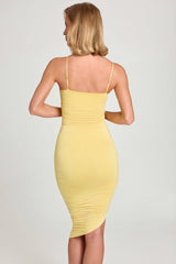 Asymmetric Ruched Midi Dress in Pastel Yellow