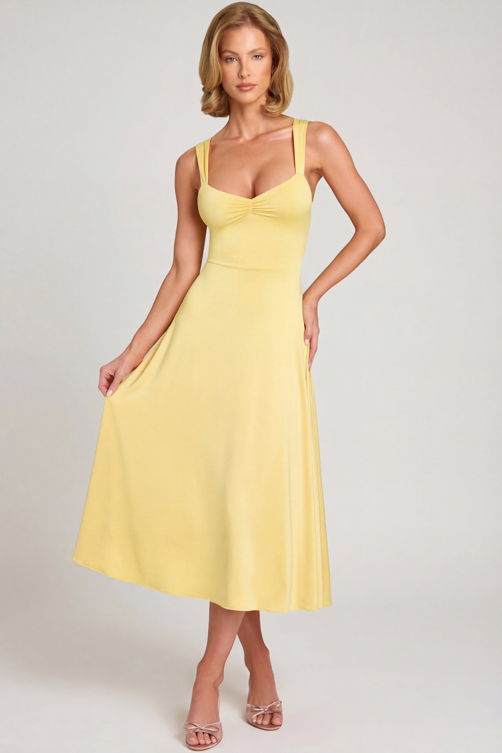 Sweetheart-Neck Ruched Midaxi Dress in Pastel Yellow