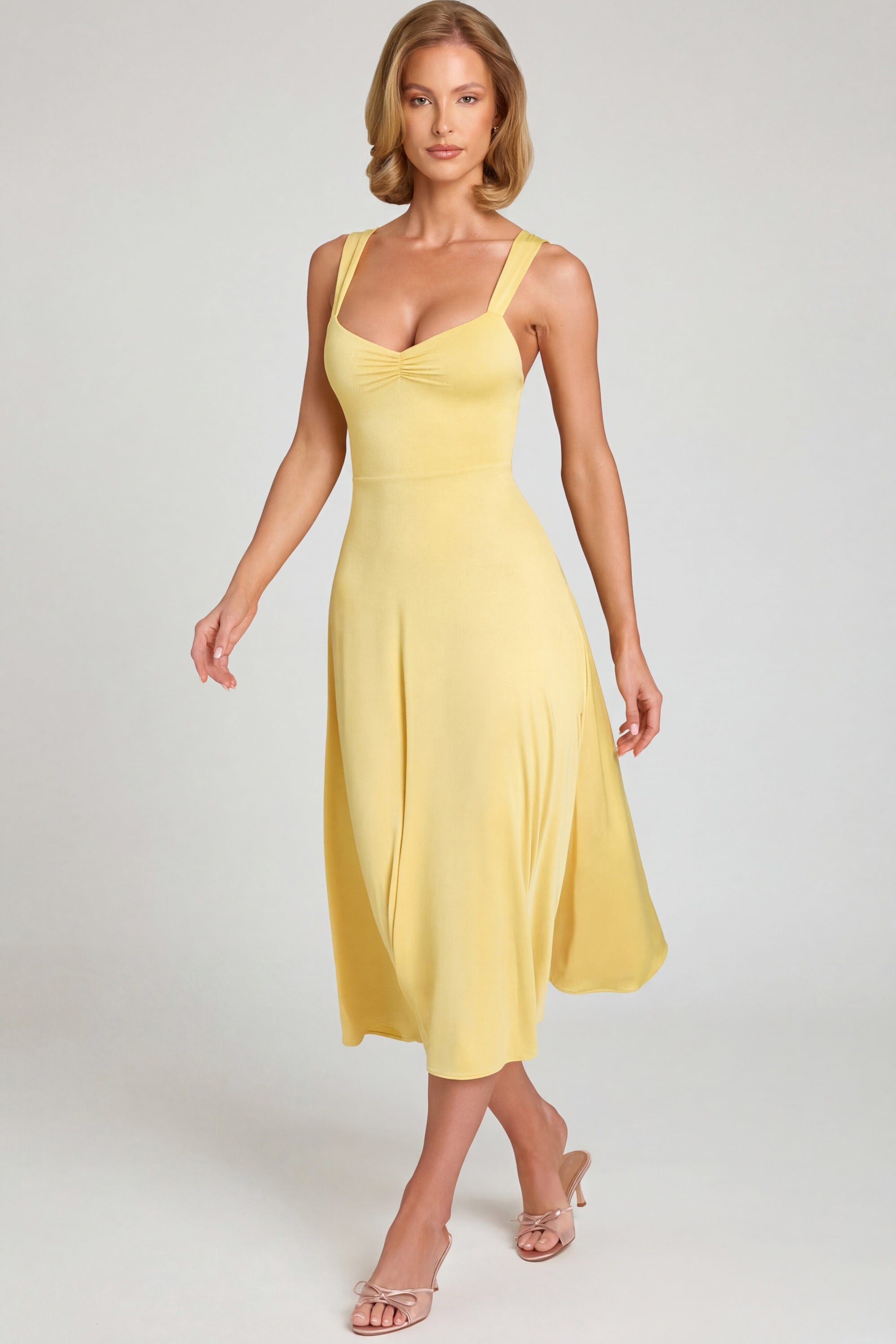 Sweetheart-Neck Ruched Midaxi Dress in Pastel Yellow