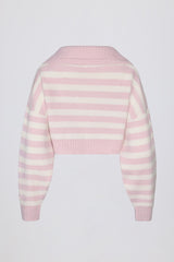 Soft Knit Layered Collar Cropped Jumper in Pink Stripe