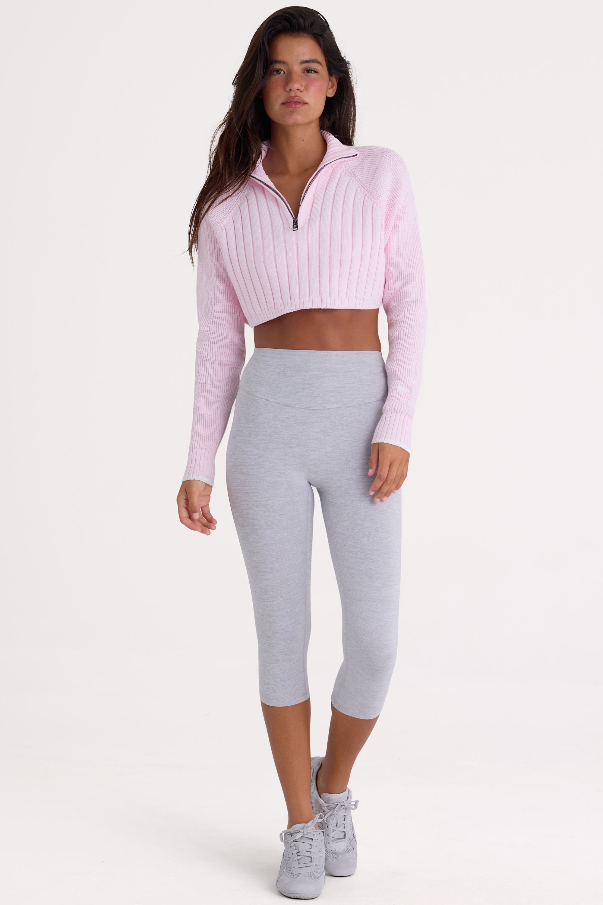 Ribbed Knit Quarter-Zip Cropped Jumper in Powder Pink