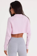 Ribbed Knit Quarter-Zip Cropped Jumper in Powder Pink