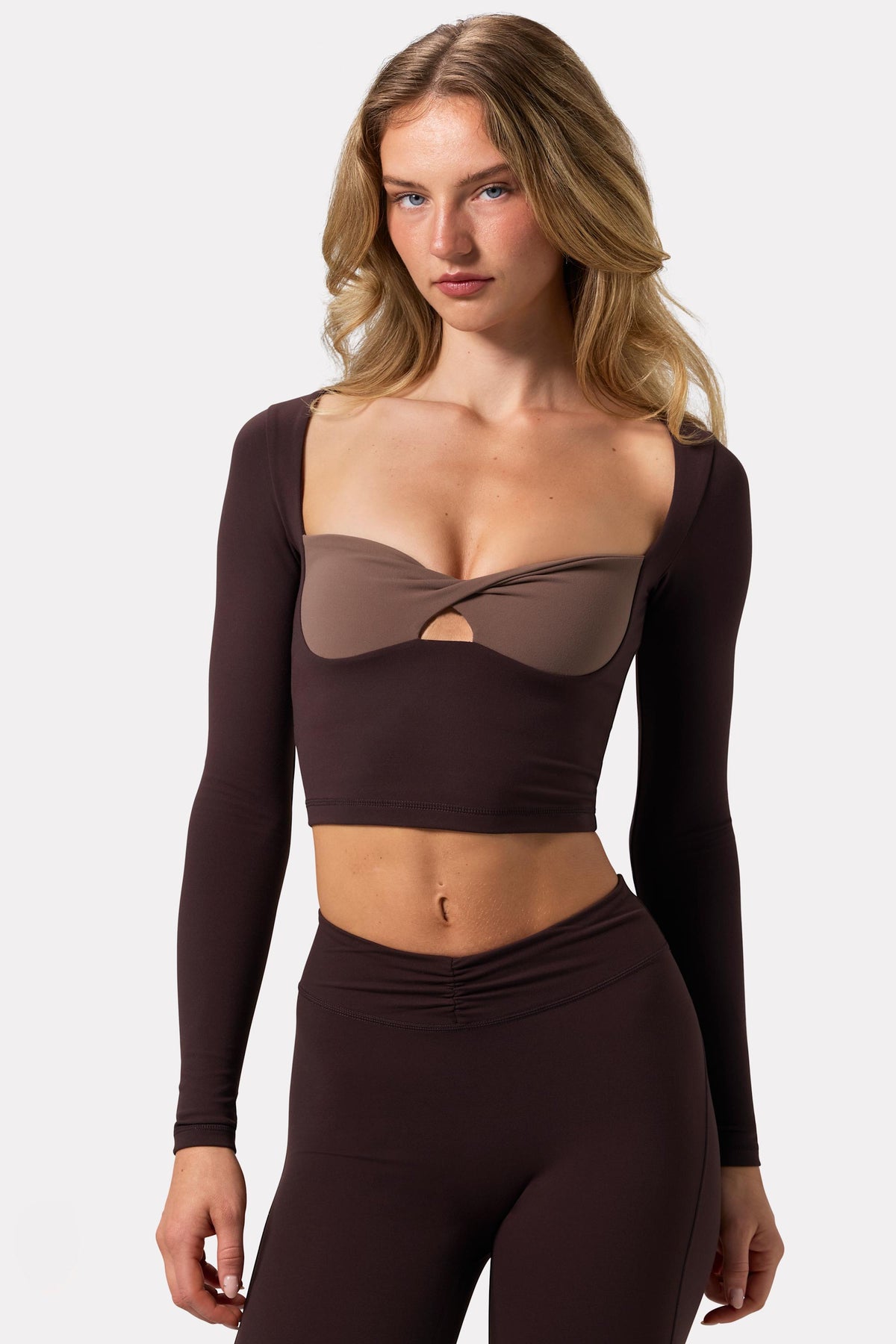 Soft Active Twist-Front Crop Top in Espresso