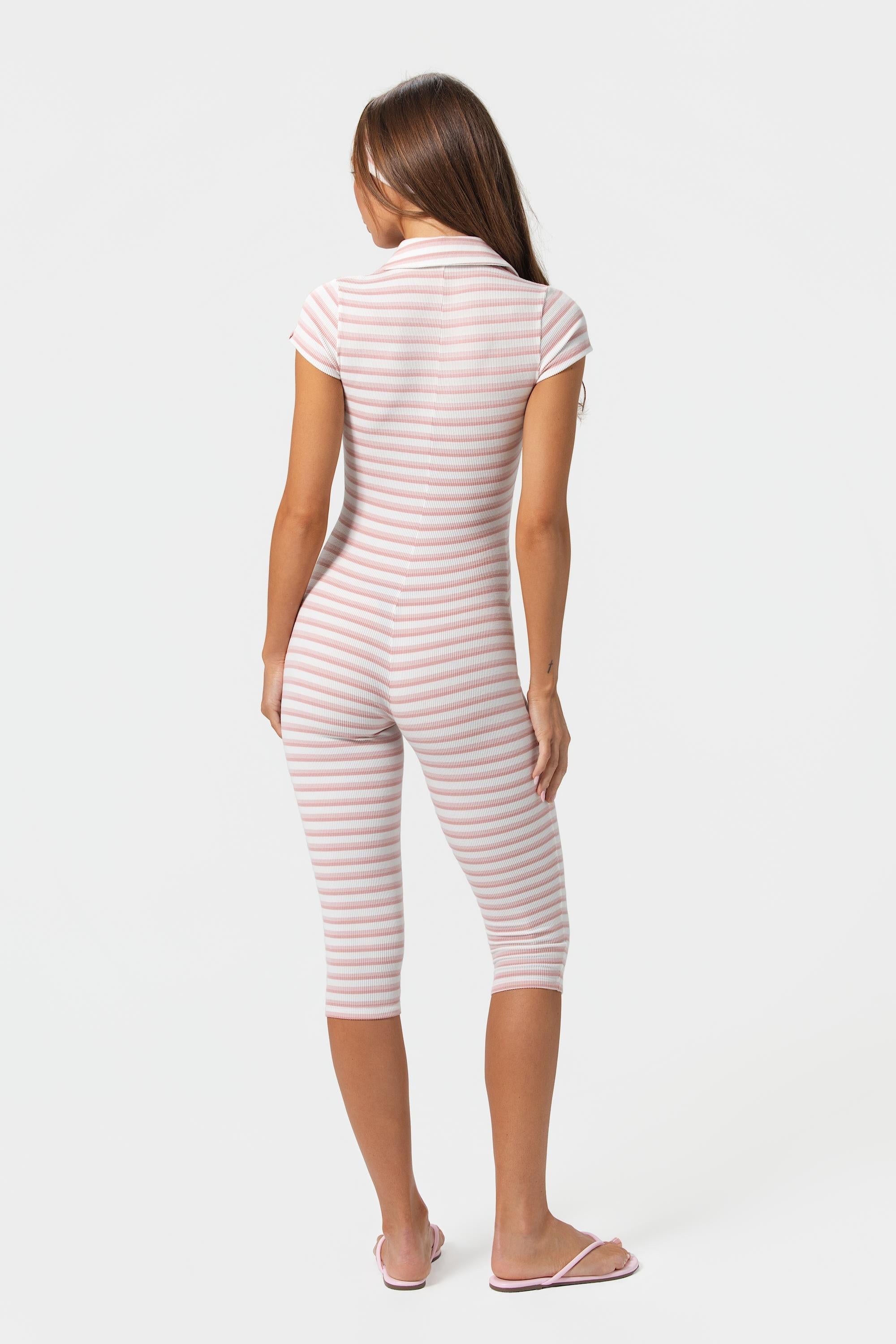 Ribbed Jersey Capri Jumpsuit in Pink Stripe