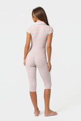 Ribbed Jersey Capri Jumpsuit in Pink Stripe