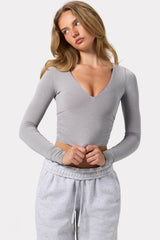Ruched Long-Sleeve Crop Top in Grey