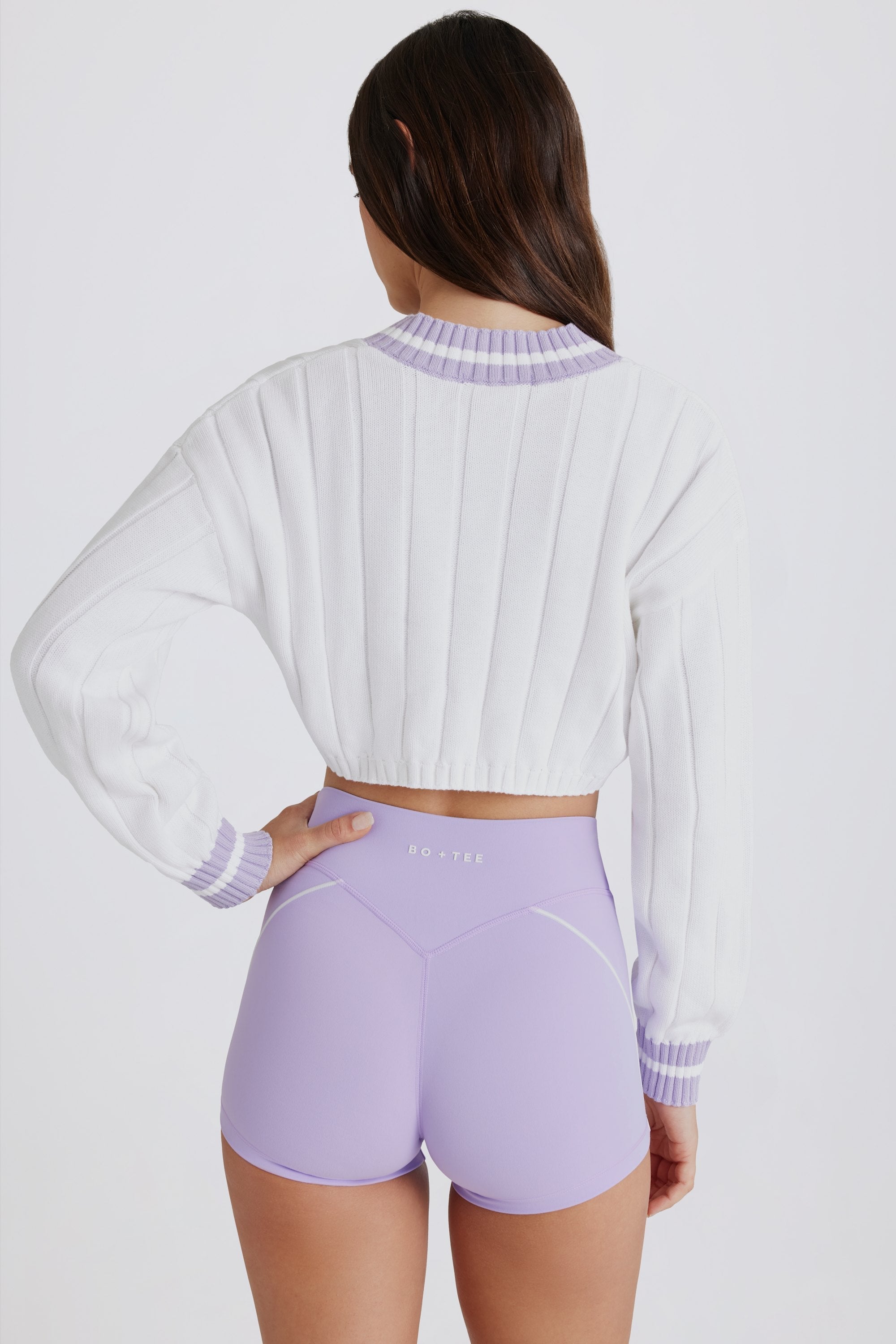Cable Knit Cotton Cropped Jumper in Lilac Ivory