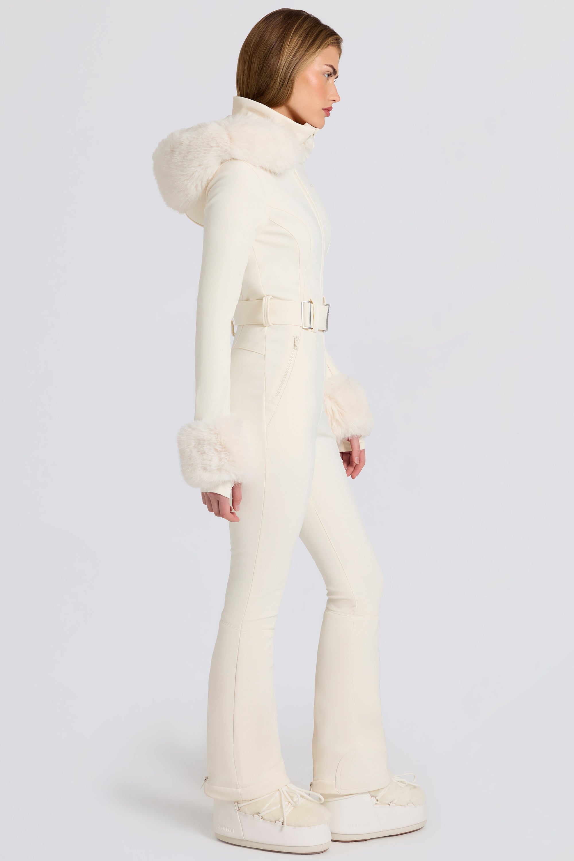 Waterproof Faux-Fur Hood Fitted Ski Suit in Ice