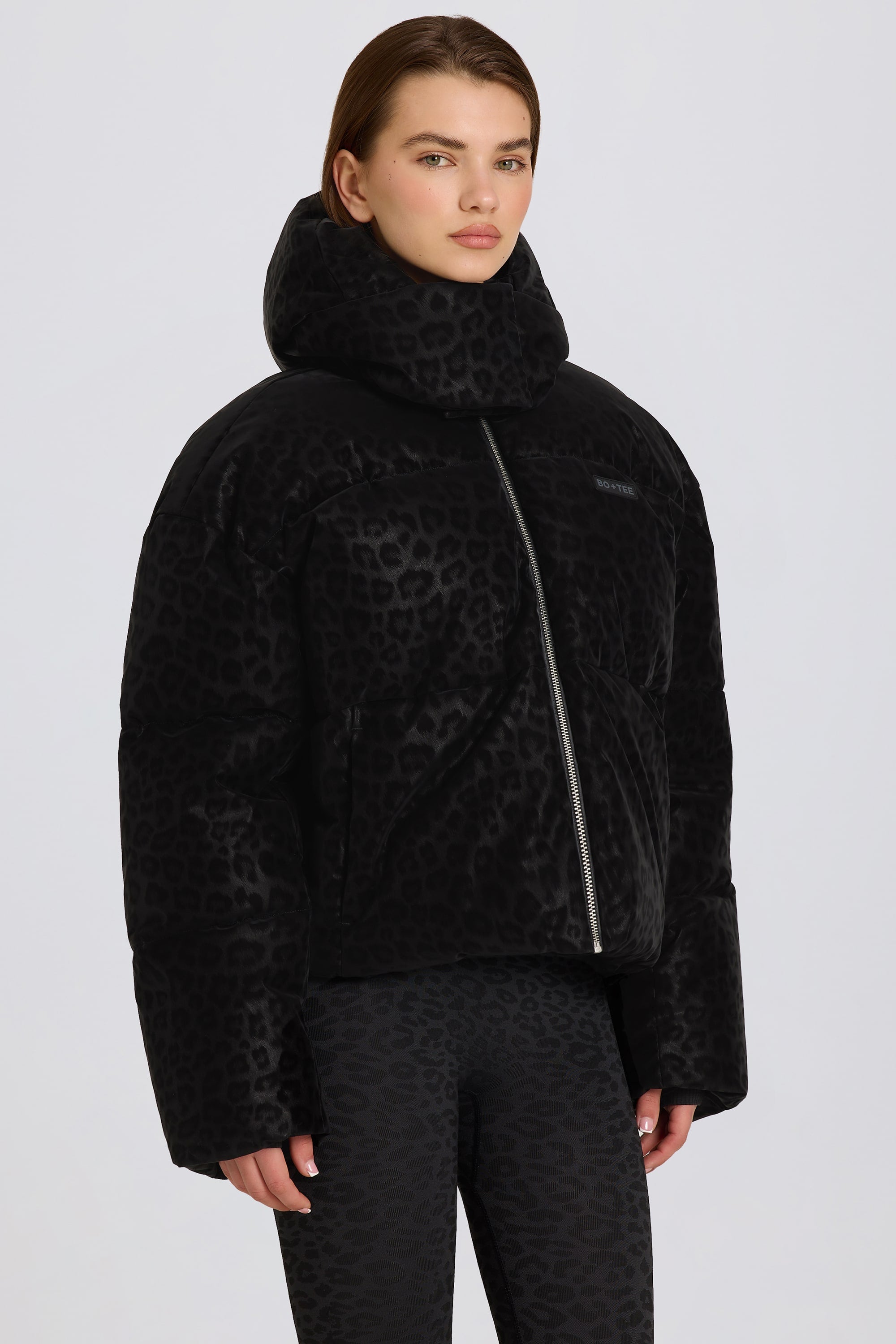 Waterproof Cropped Oversized Ski Jacket in Black Leopard