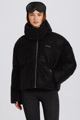 Waterproof Cropped Oversized Ski Jacket in Black Leopard