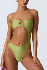 Bead-Embellished Cut-Out Bandeau Swimsuit in Pear Green