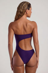 Bead-Embellished Cut-Out Bandeau Swimsuit in Deep Purple