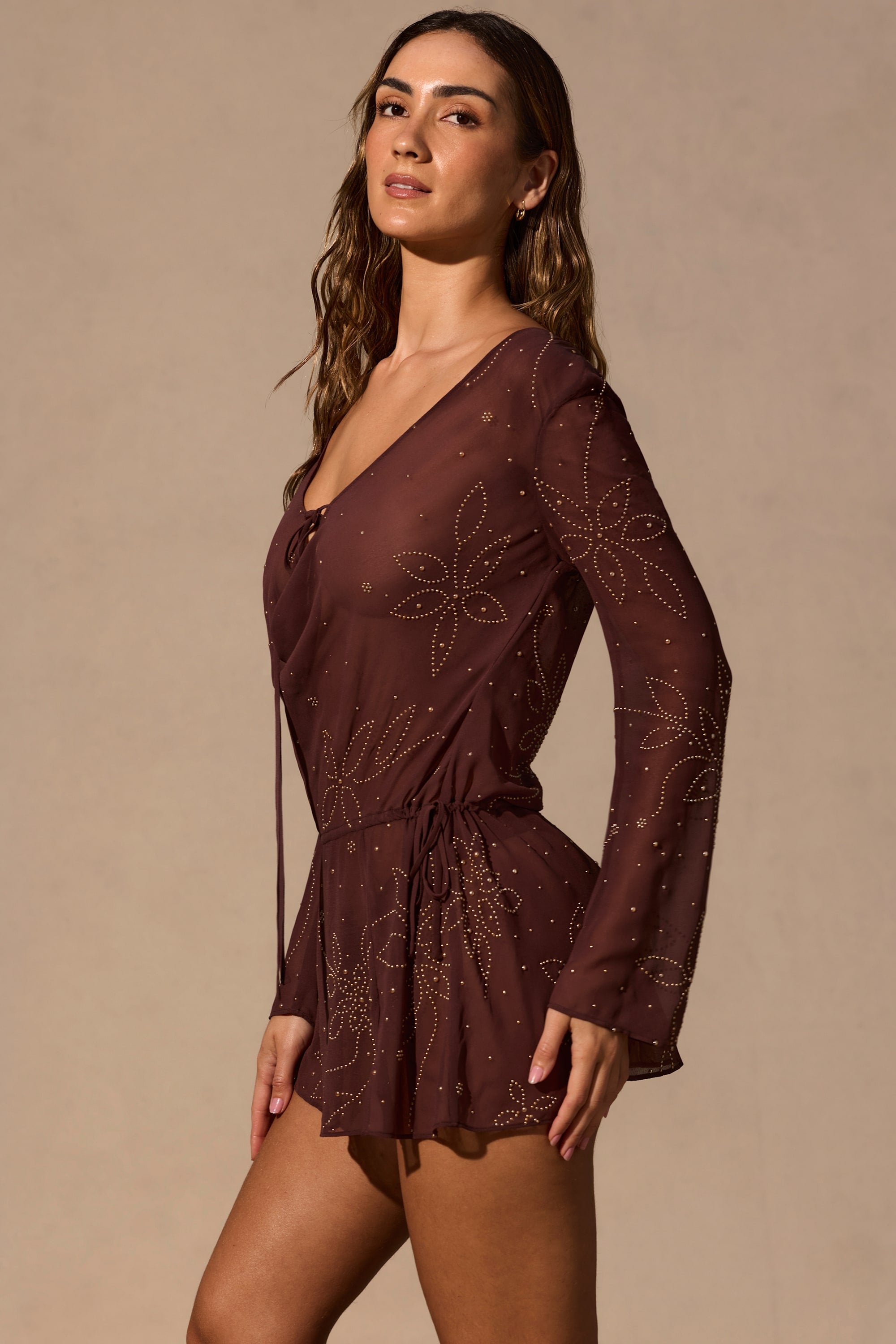 Long-Sleeve Mini Dress in Espresso Brown